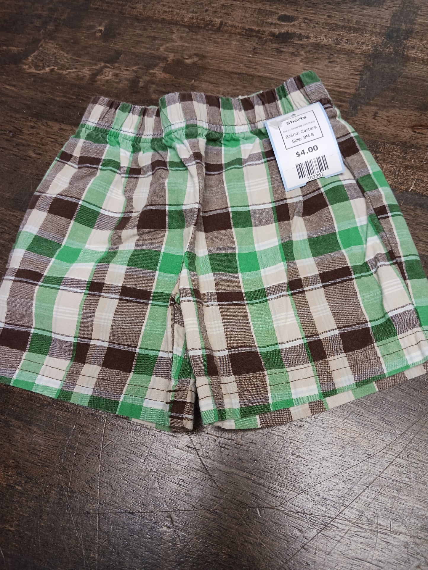 Green/Brown Plaid Carters Shorts, 9M B