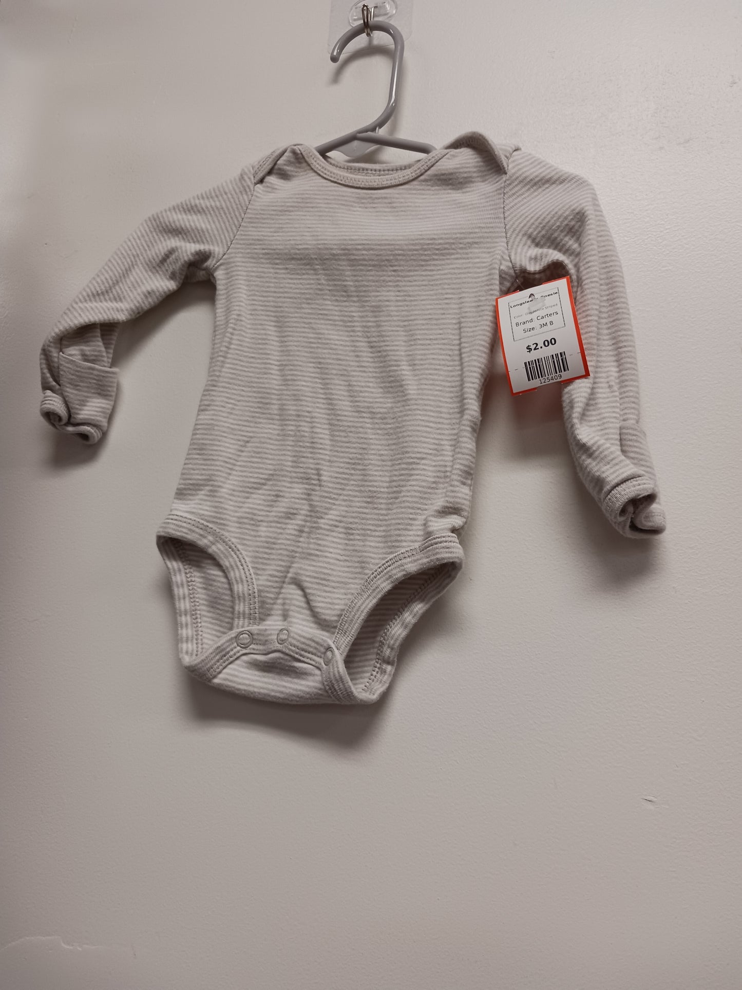 Grey/White Striped Carters Longsleeve Onesie, 3M B