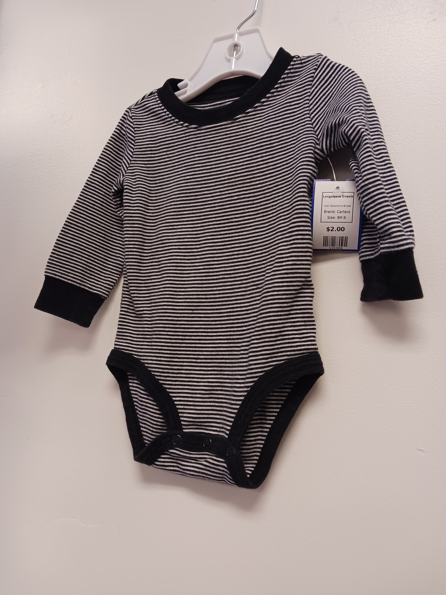 Black/White Striped Carters Longsleeve Onesie, 9M B