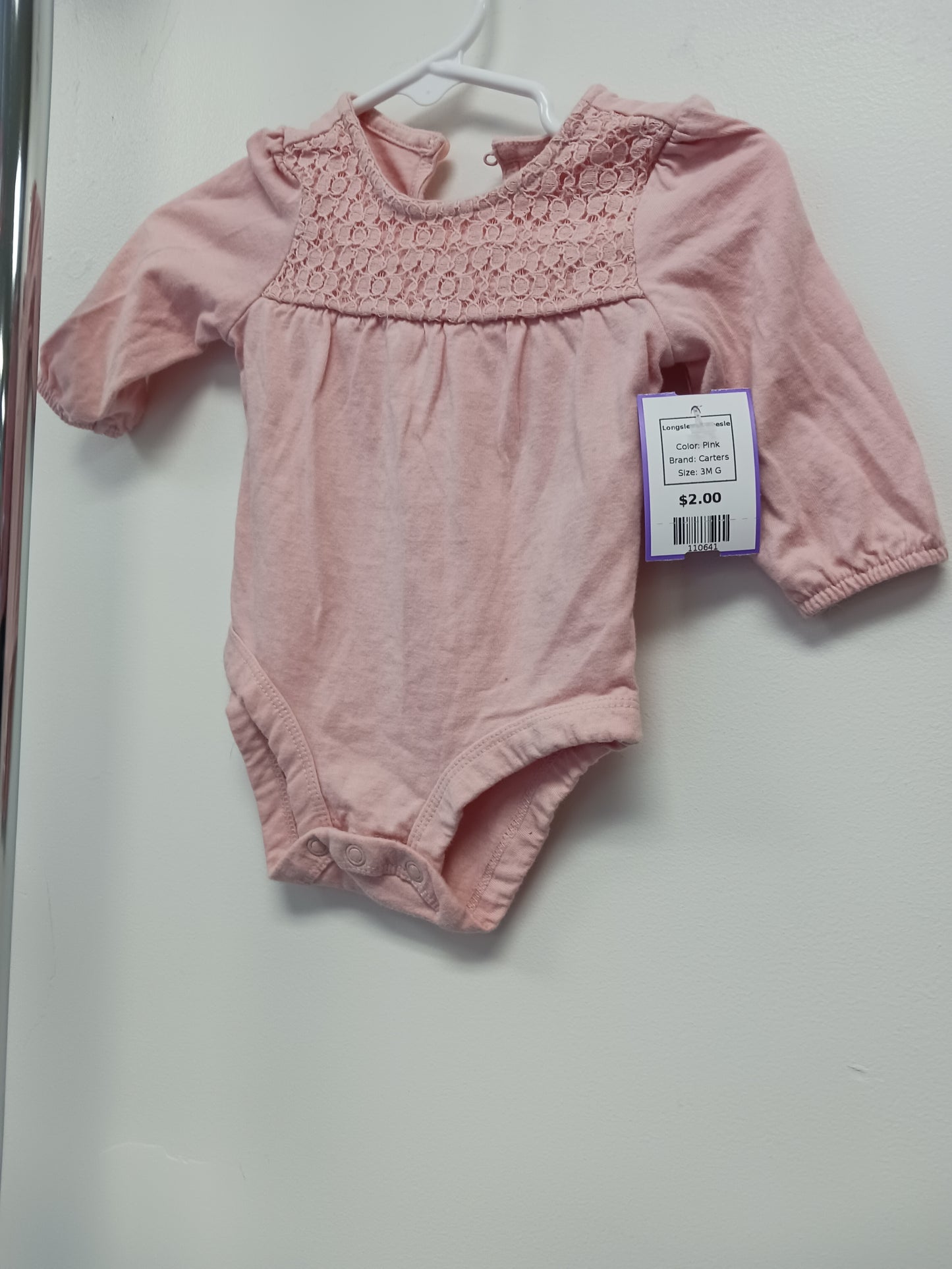 Pink Carters Longsleeve Onesie, 3M G