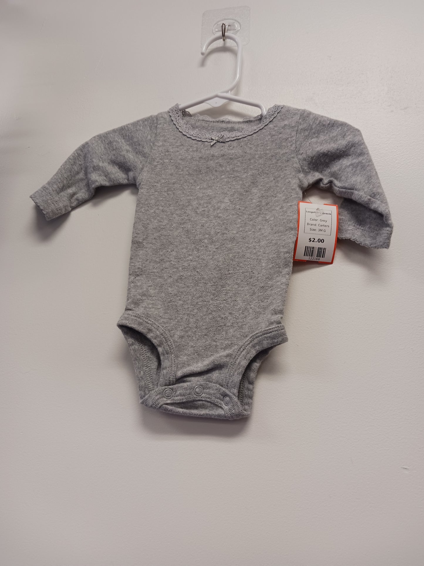 Grey Carters Longsleeve Onesie, 3M G
