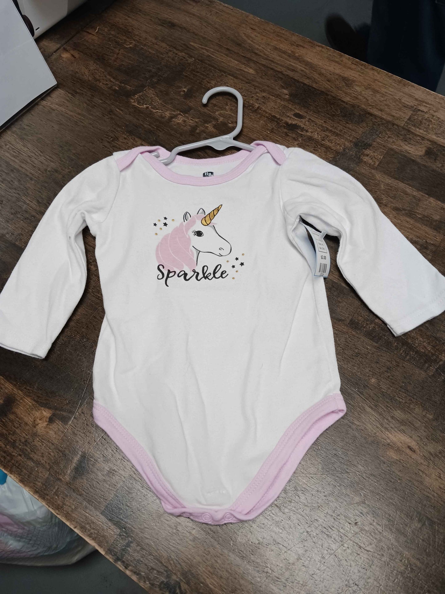 White/Pink Unicorn HB Longsleeve Onesie, 18M G