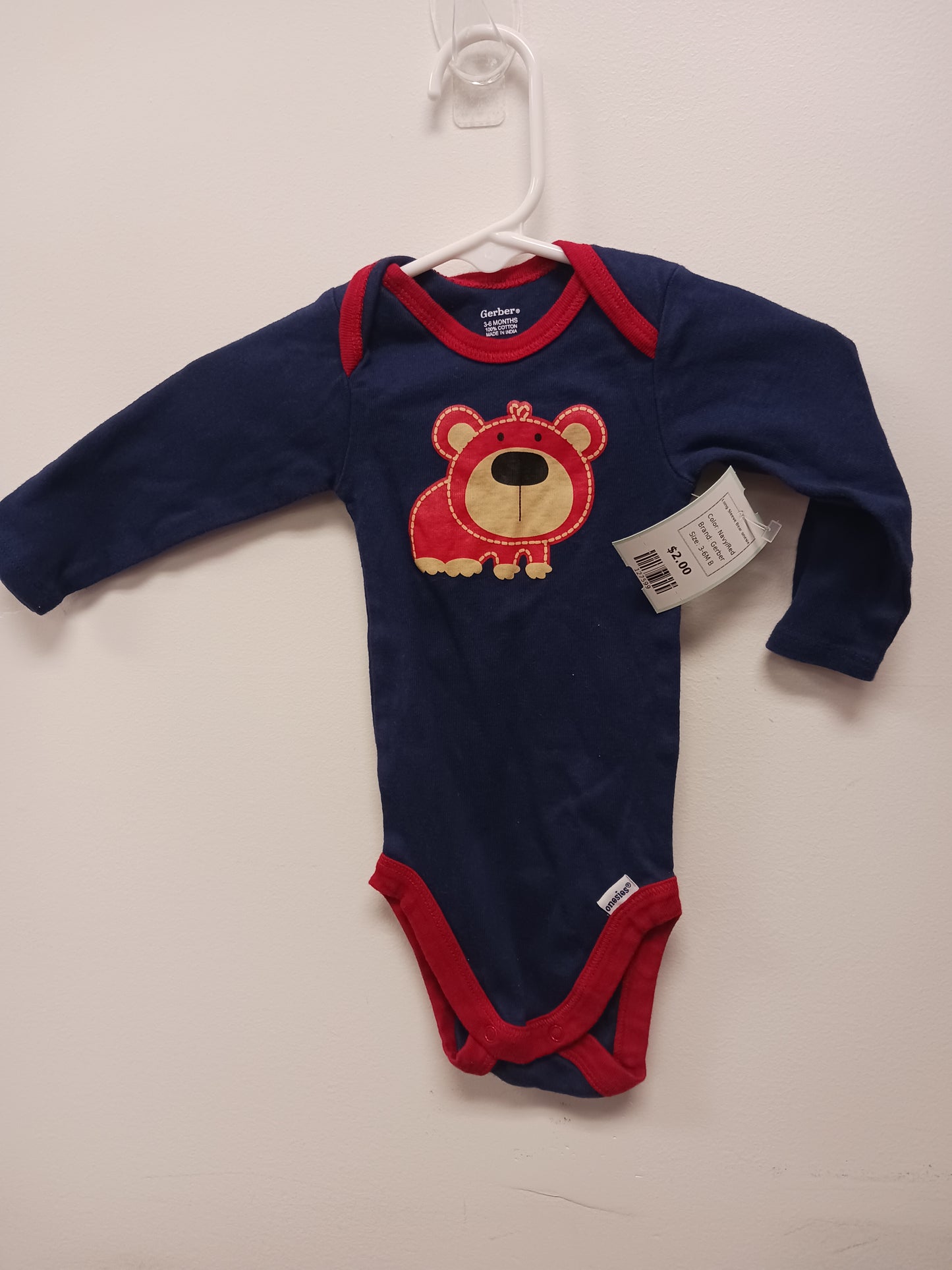 Navy/Red Gerber Long Sleeve Bear onesie, 3-6M B