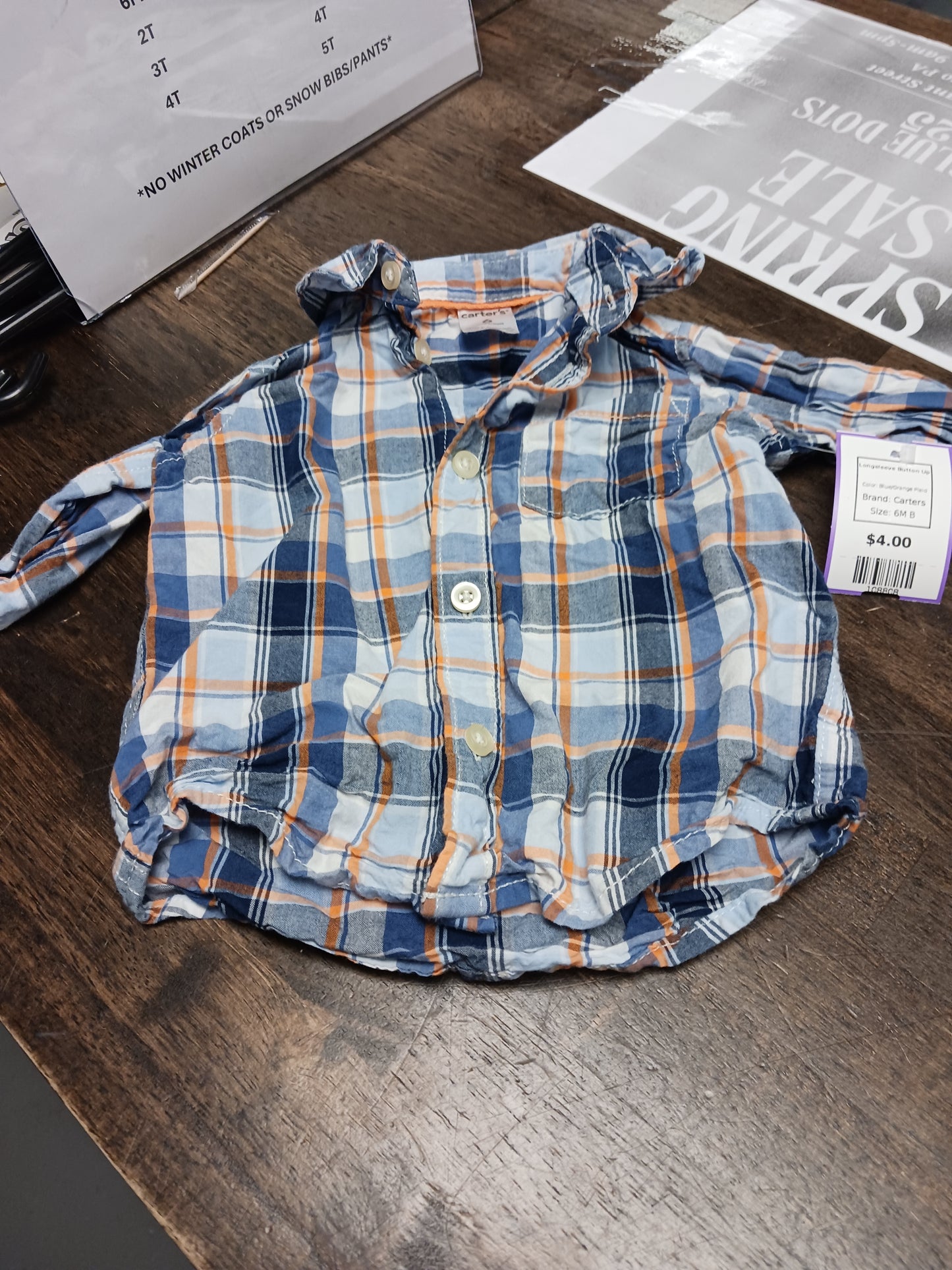 Blue/Orange Plaid Carters Longsleeve Button Up, 6M B