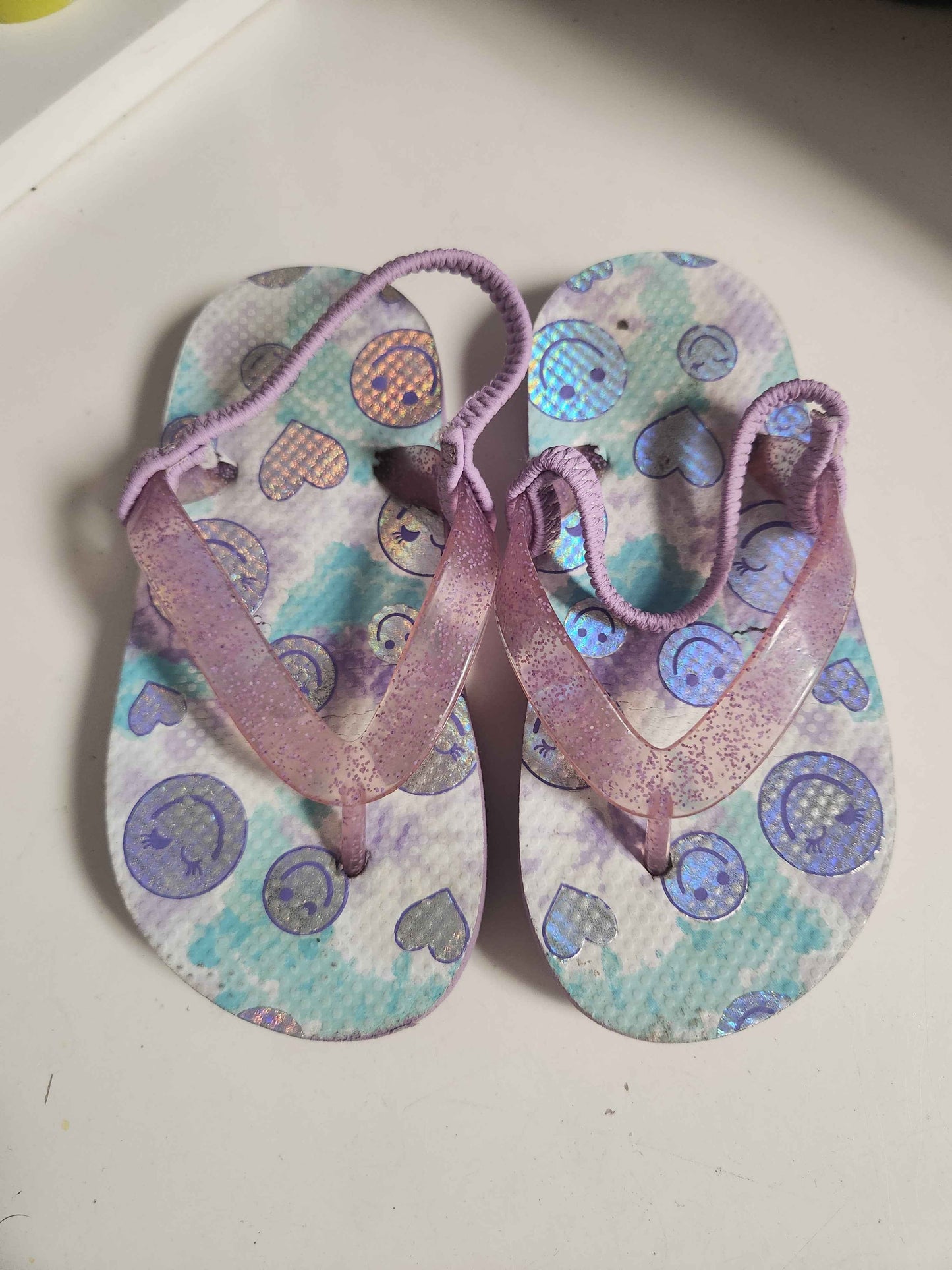 Blue/Purple/White/Silver Smiley Face Flip Flops, 8C G