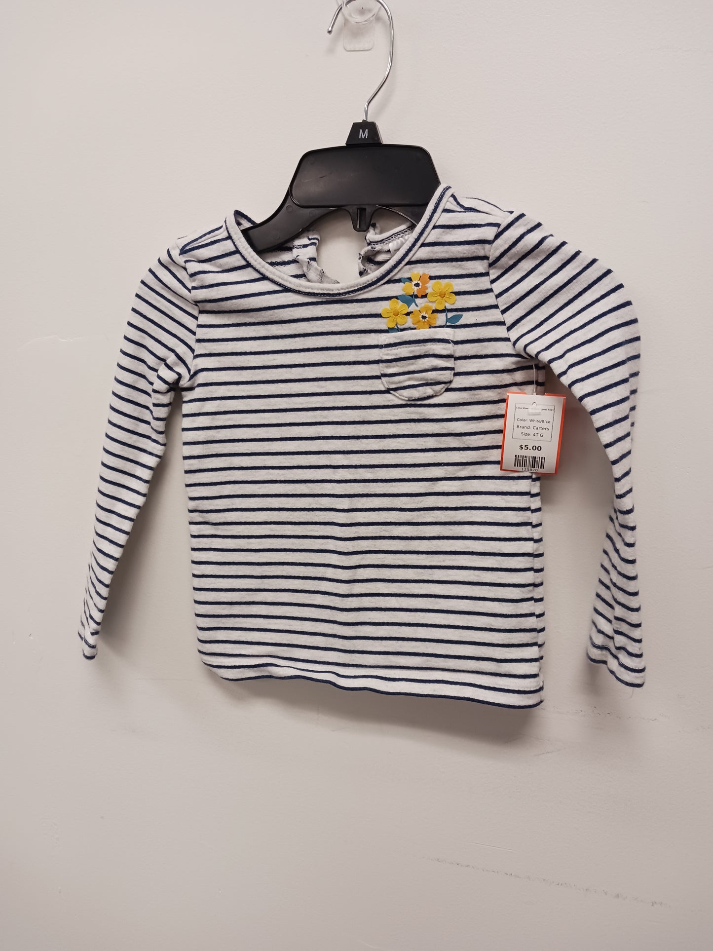 White/Blue Carters Long Sleeve Striped Flower Shirt, 4T G