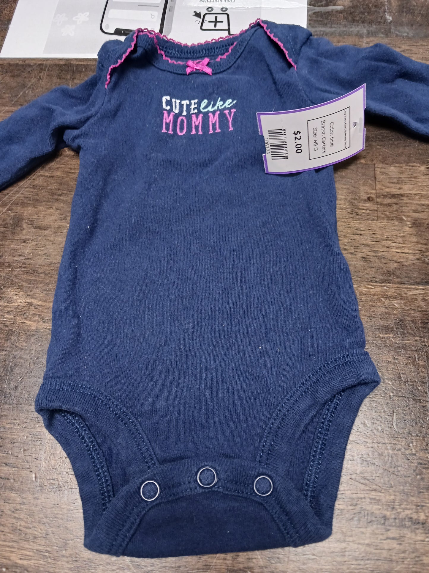 blue Carters Long Sleeve Cute Like Mommy Onesie, NB G