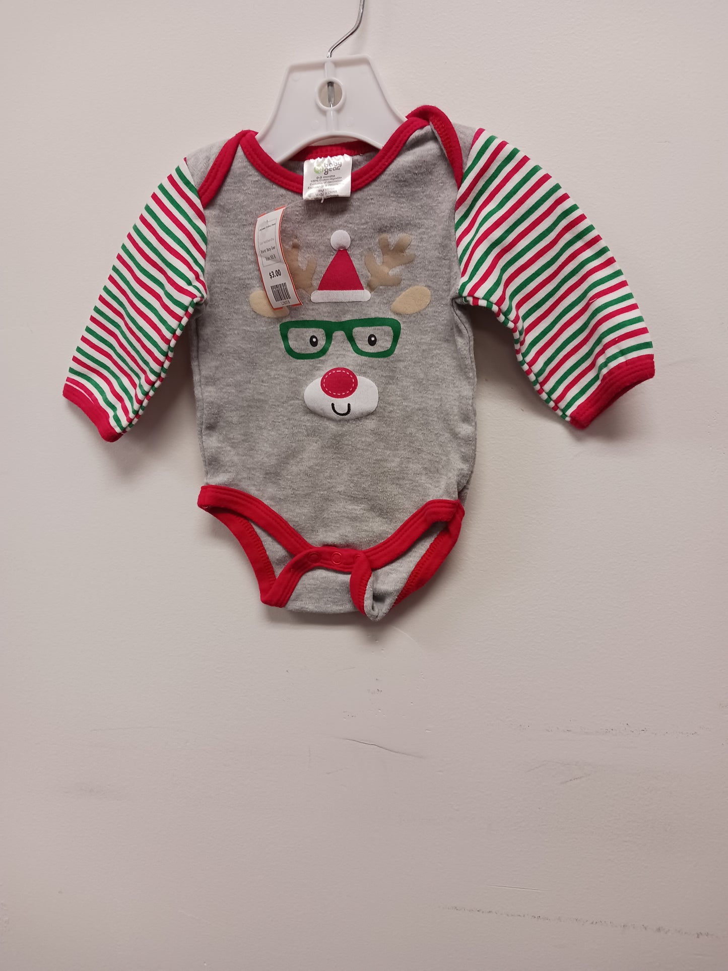 Red/Green/Grey Baby Gear Long Sleeve Christmas Onesie, NB B