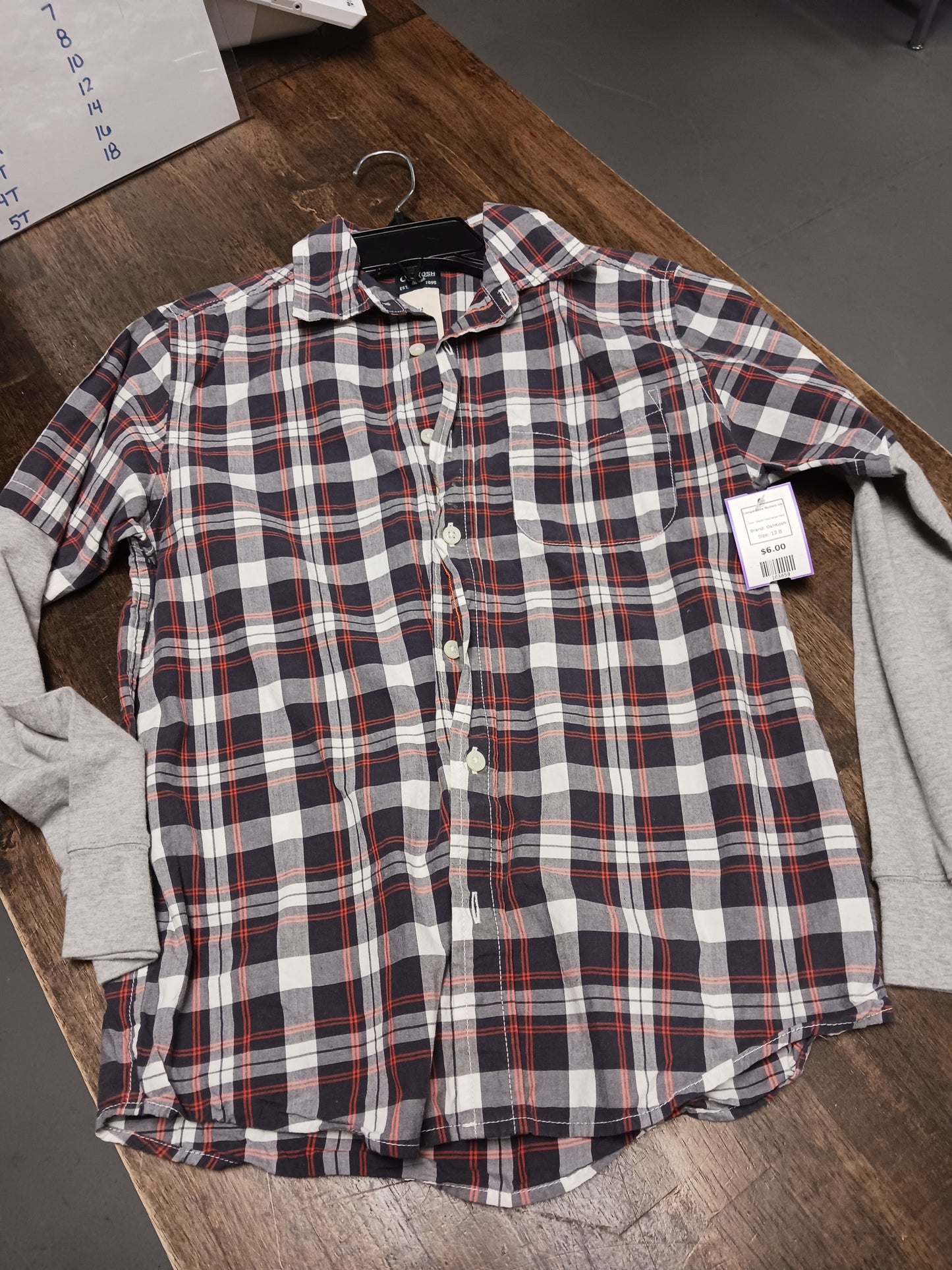 Grey/White/Orange Plaid OshKosh Longsleeve Button Up, 12 B
