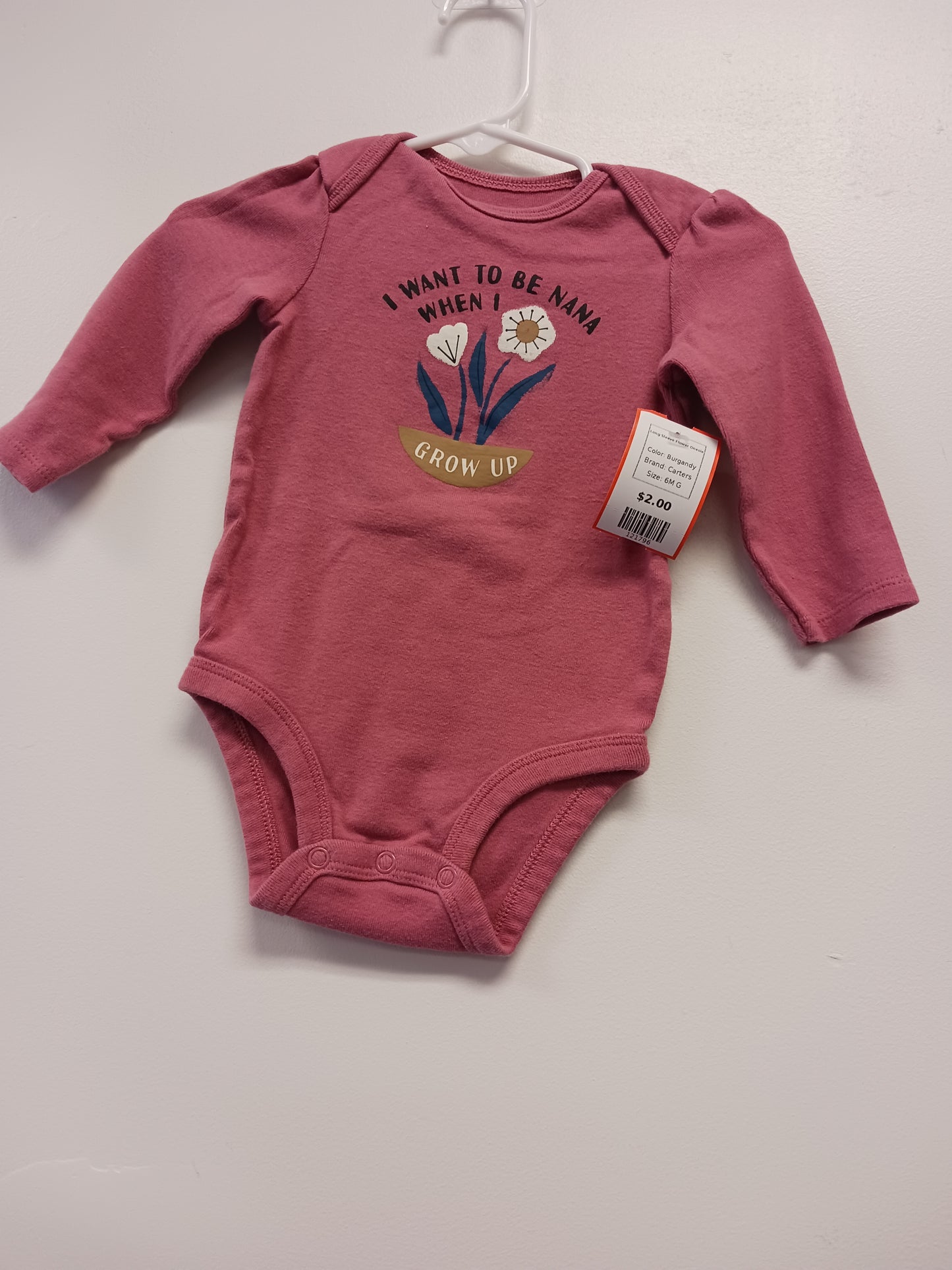 Burgandy Carters Long Sleeve Flower Onesie, 6M G