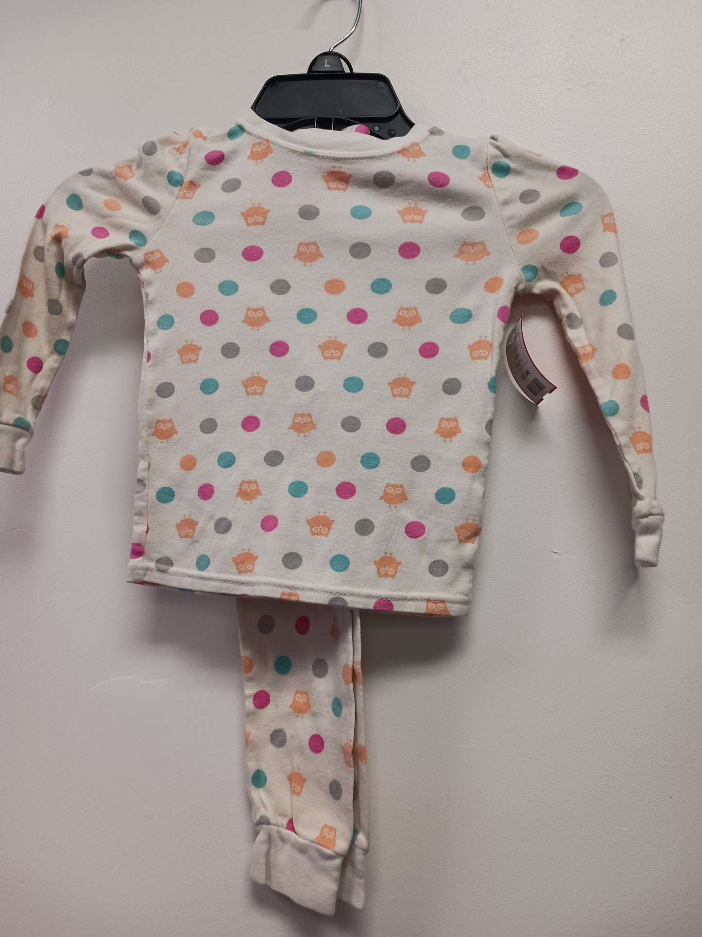 white/pink/green 2 Piece Owls/dots PJS, 5T G
