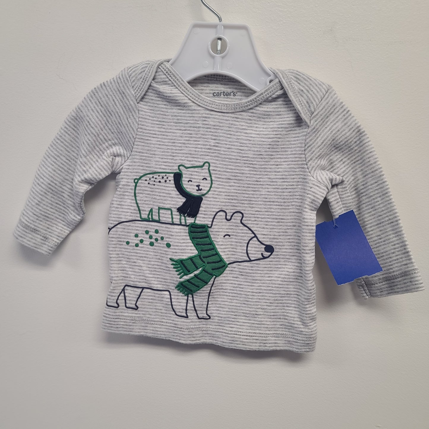 Grey/White/Green Bear Carters Longsleeve Shirt, 3M B
