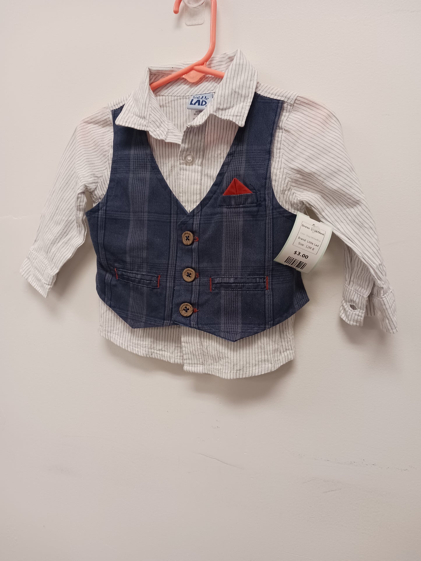 Grey/White/Blue Little Lad Dress Shirt/Vest, 12M B