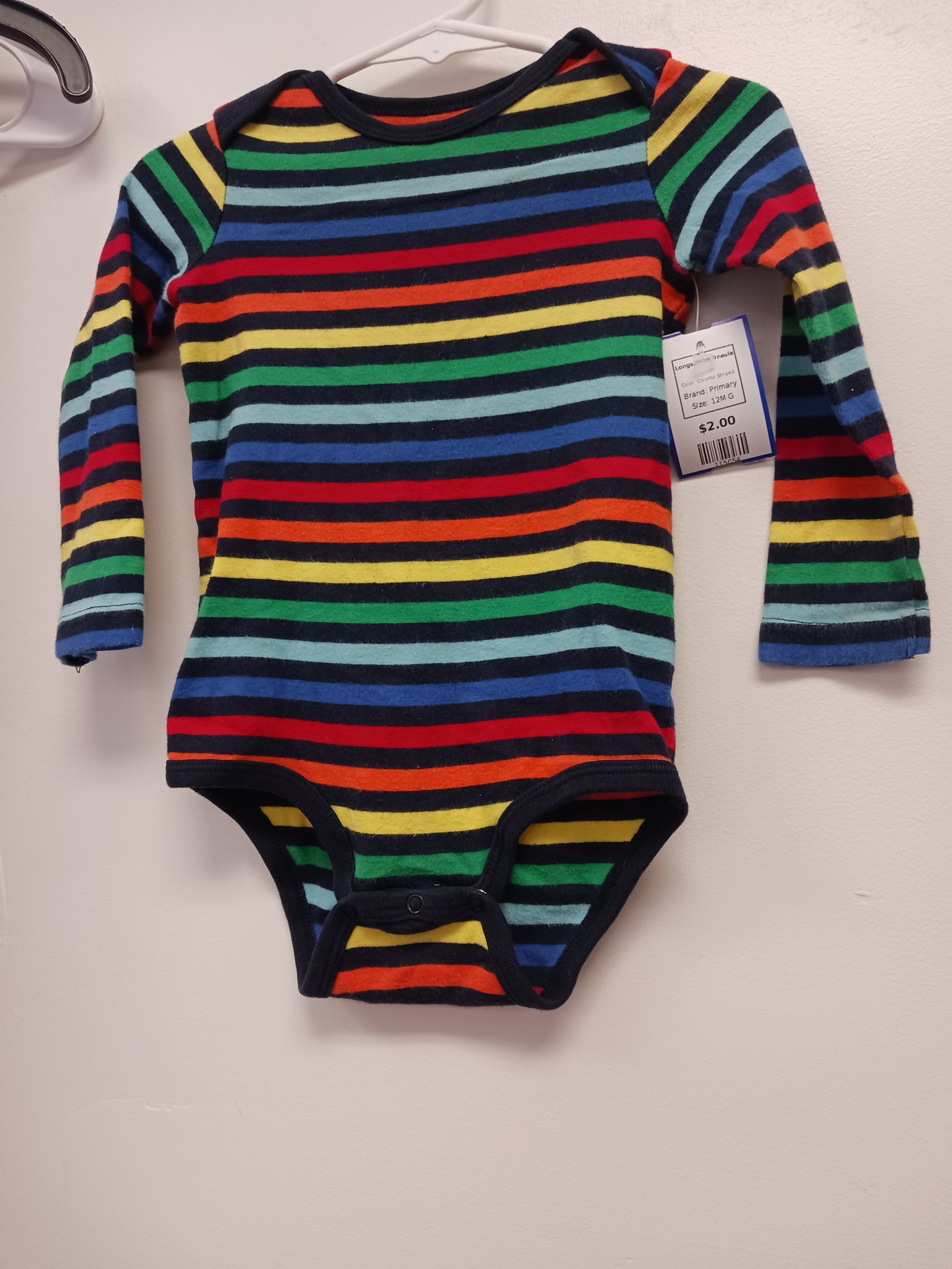 Colorful Striped Primary Longsleeve Onesie, 12M G
