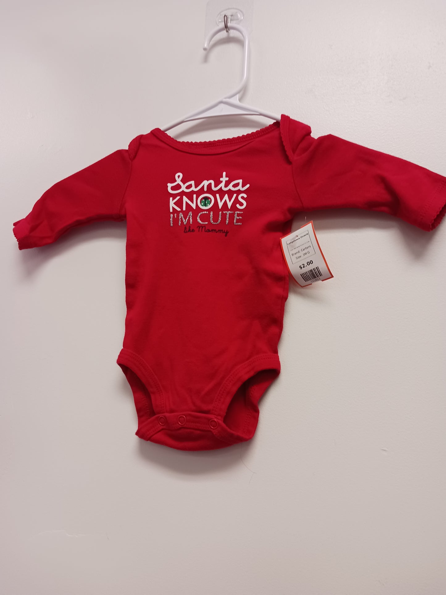Red Santa Knows I'm Cute Carters Longsleeve Onesie, 3M G