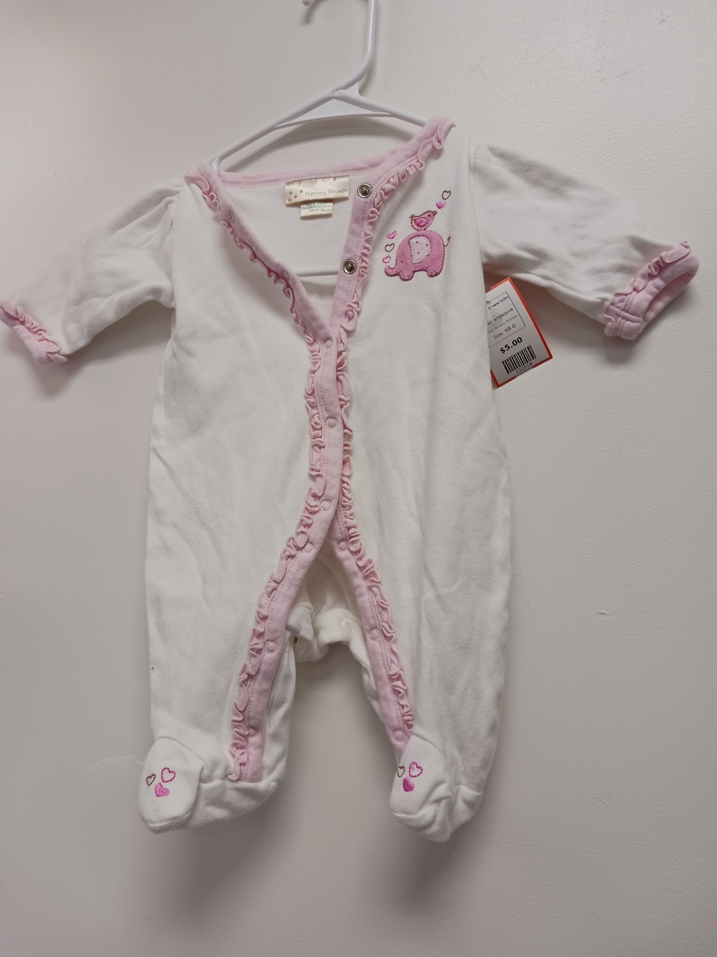 white/pink Nursery Rhymes Elephant Sleeper 0/3m, NB G