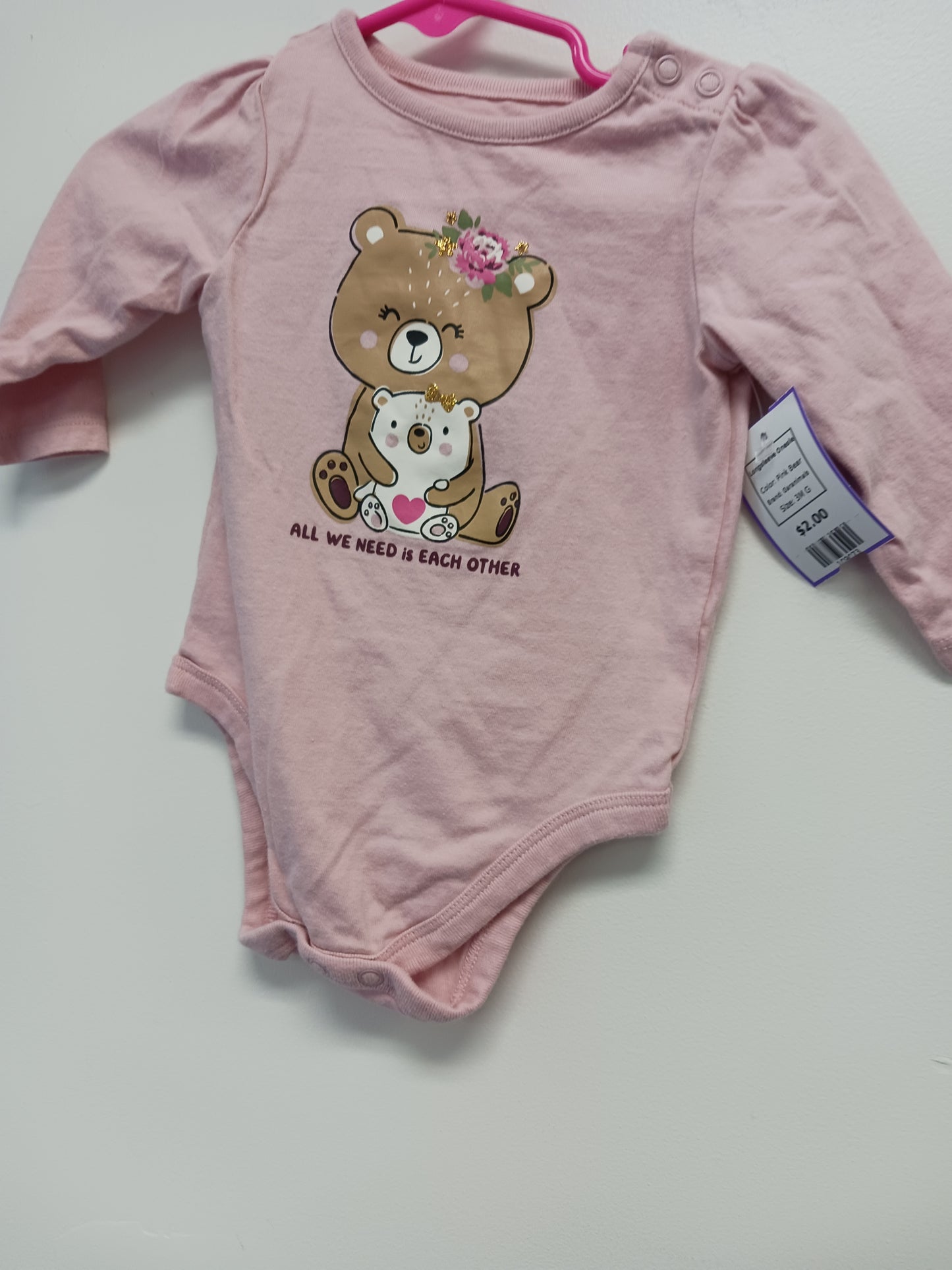 Pink Bear Garanimals Longsleeve Onesie, 3M G