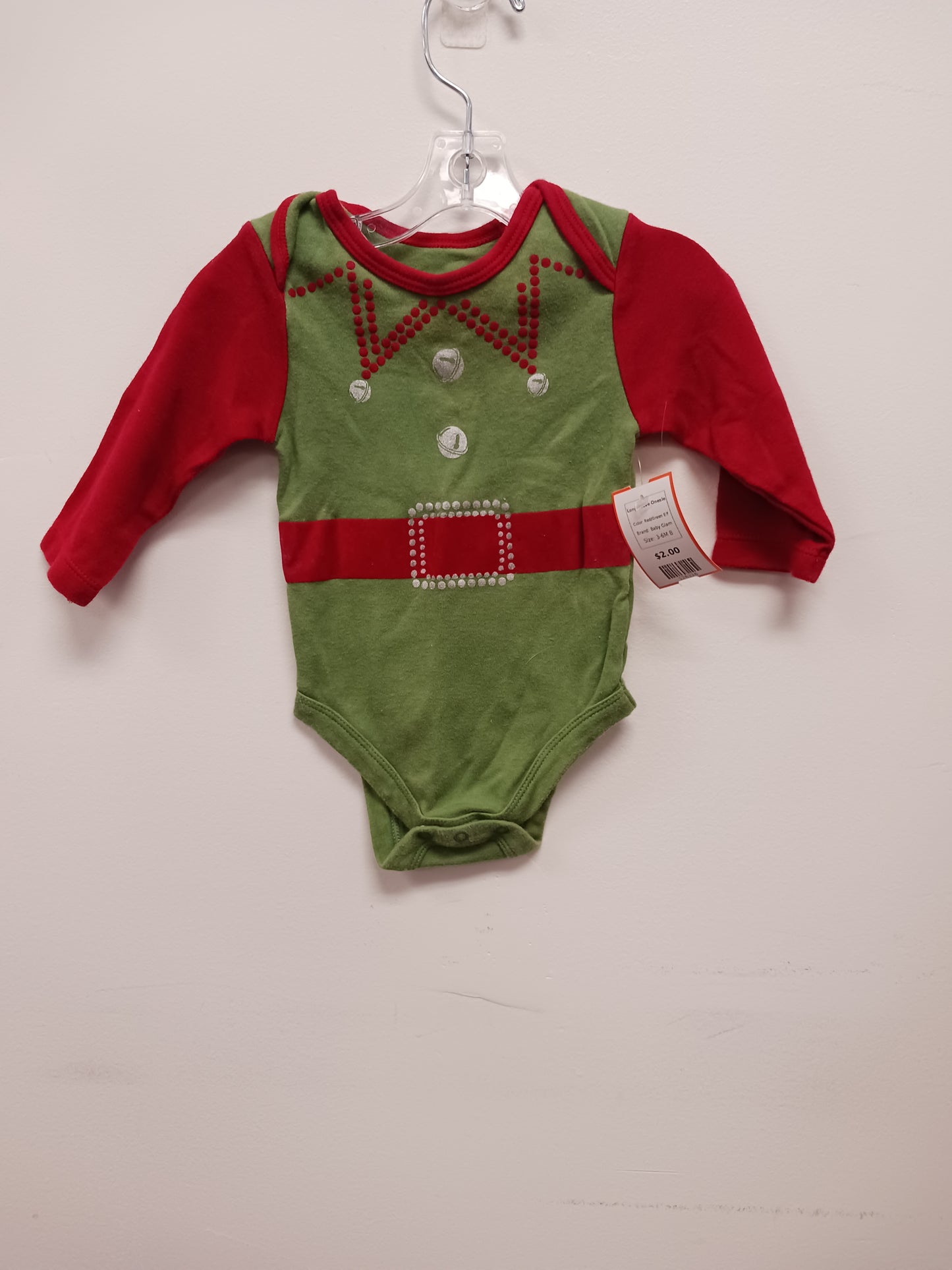 Red/Green Elf Baby Glam Longsleeve Onesie, 3-6M B