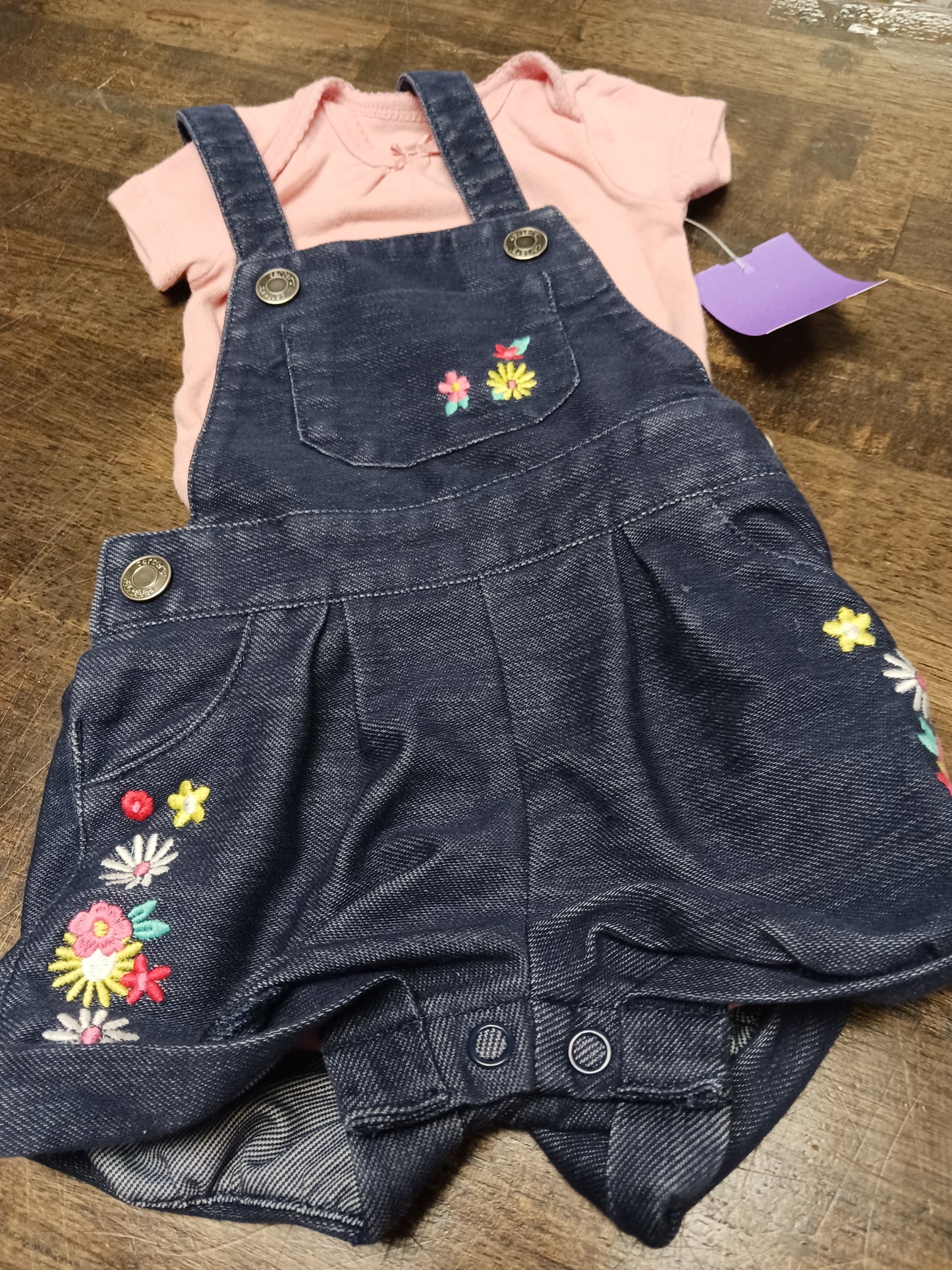 Pink/Denim Flower Carters Bib Short Outfit, 3M G