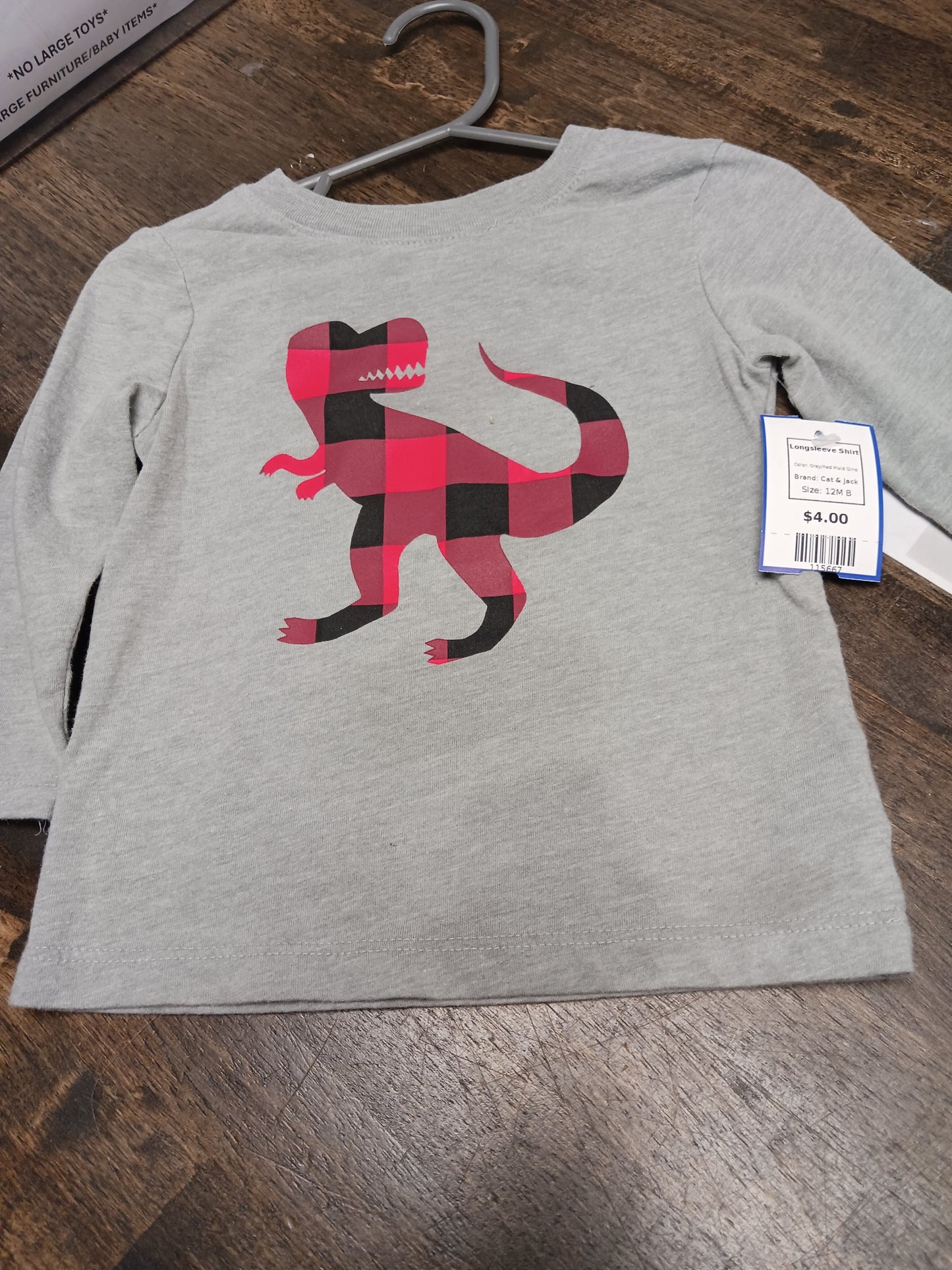 Grey/Red Plaid Dino Cat & Jack Longsleeve Shirt, 12M B