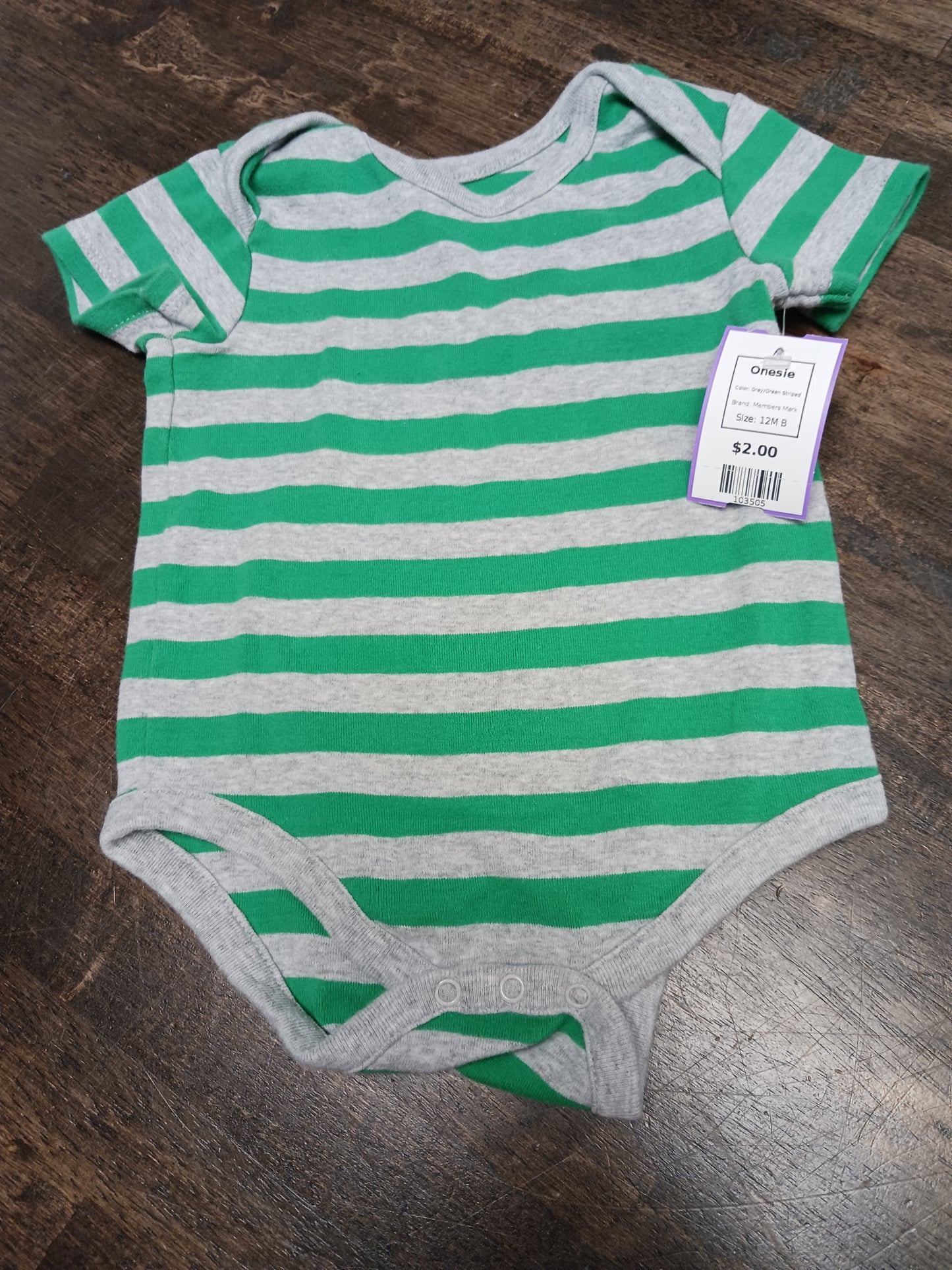 Grey/Green Striped Members Mark Onesie, 12M B