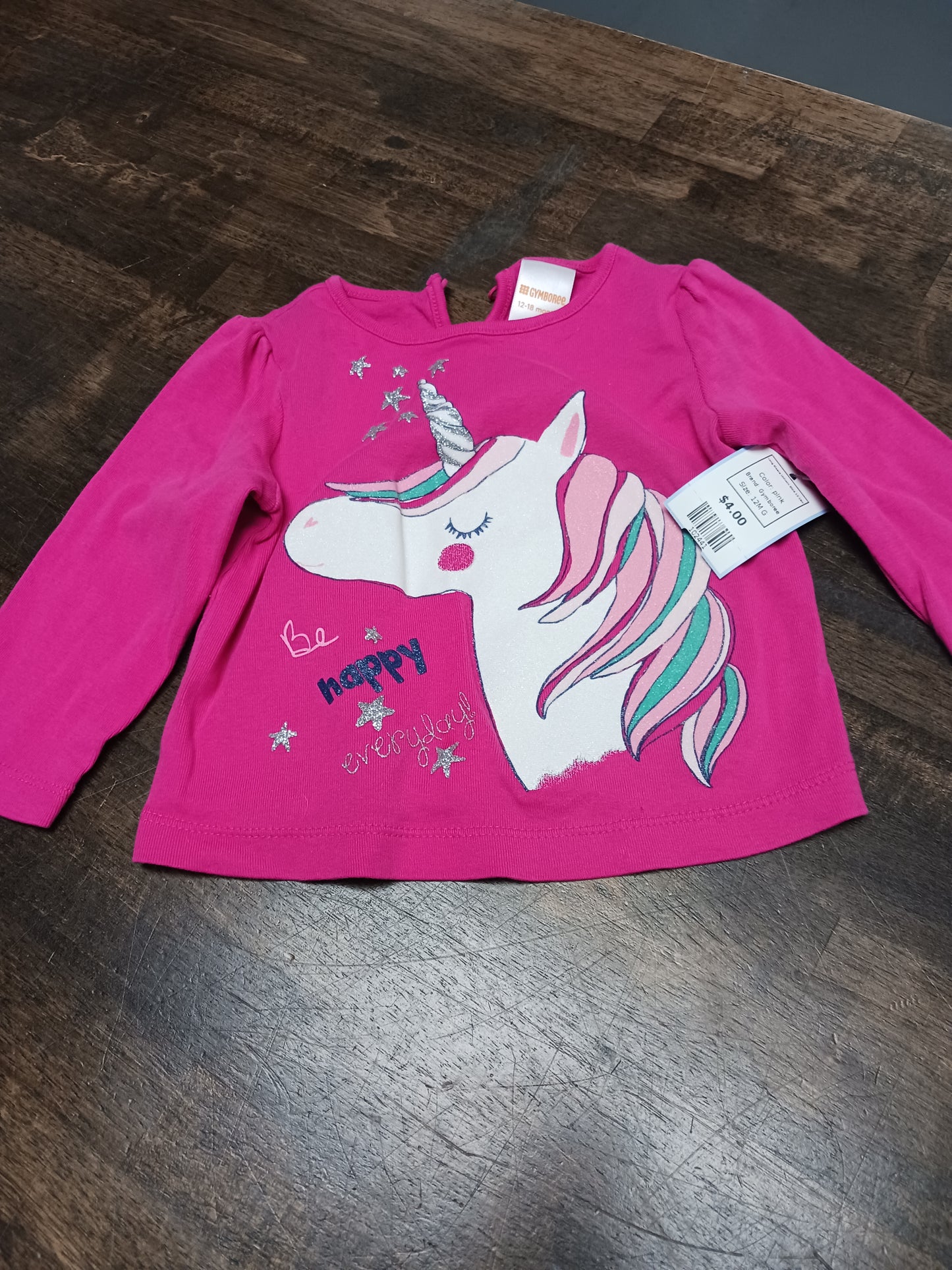 pink Gymboree Long Sleeve Unicorn Shirt 12-18m, 12M G