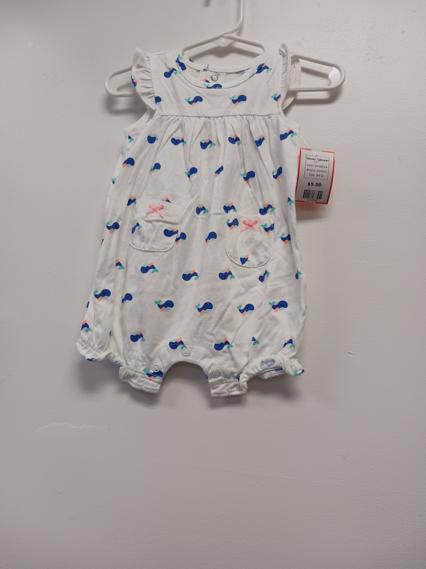 white/blue Carters Whale Romper, 6M G