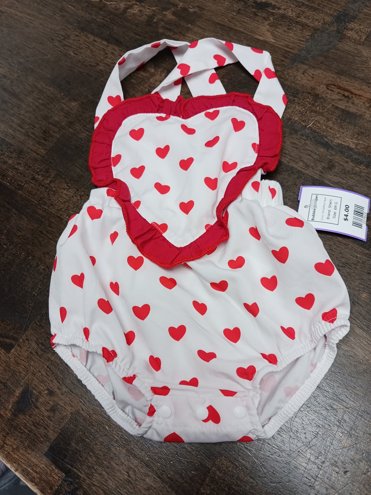 White/Red Heart Shein Bubble Romper, 6M G