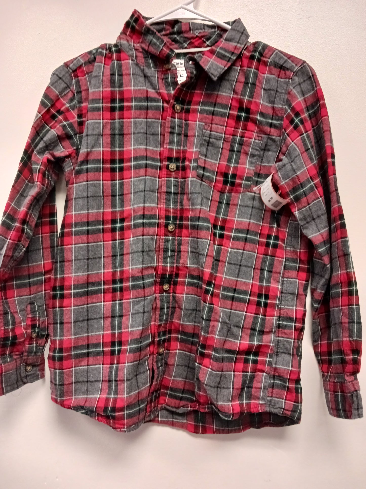 Red/Grey Plaid Carters Longsleeve Button Up, 14 B