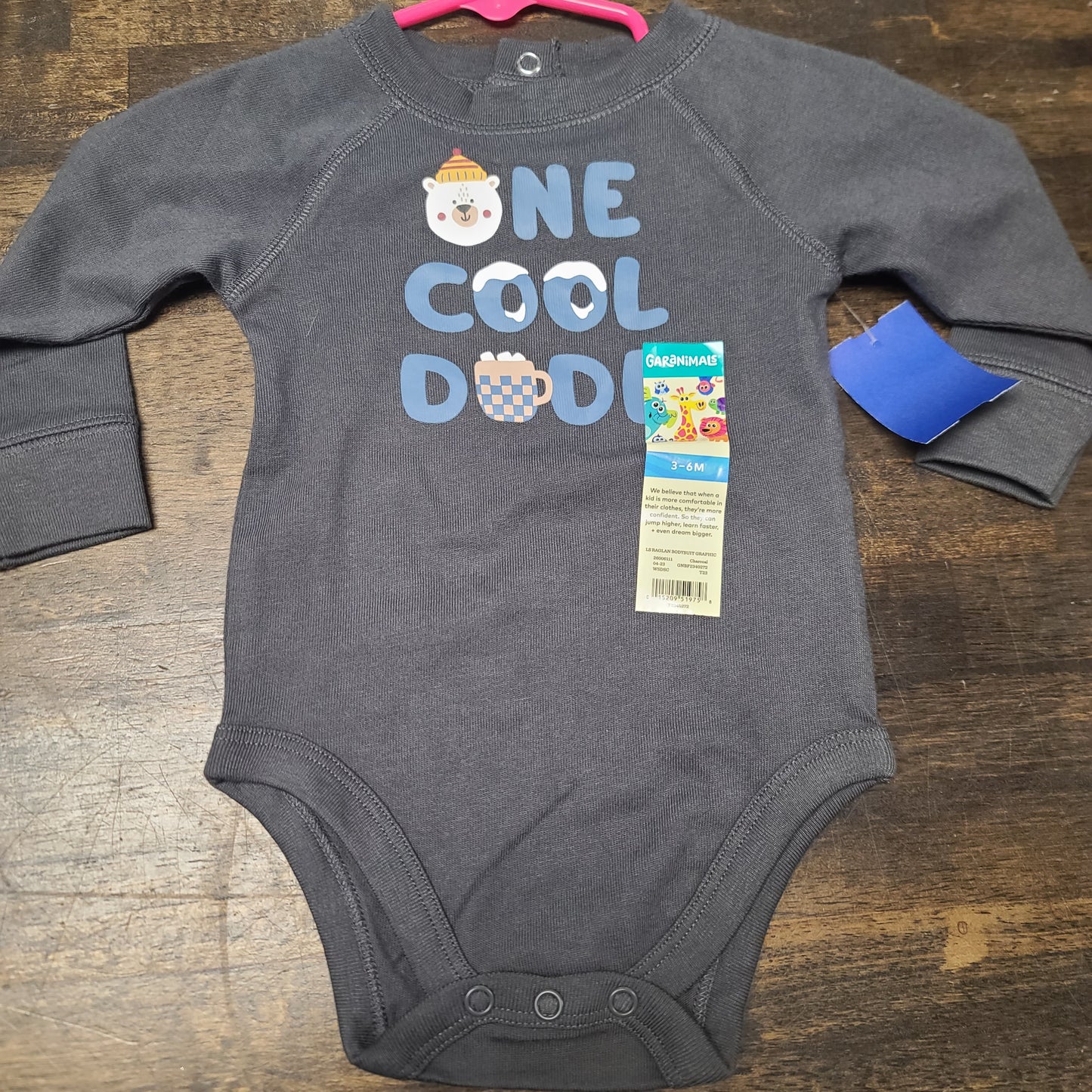 grey garanimals one cool dude long sleeve onesie, 3M B