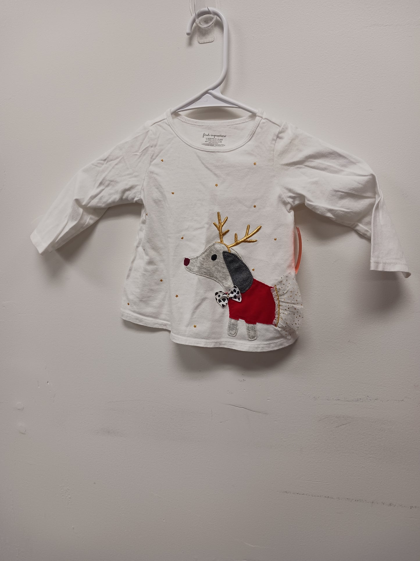 white First Impressions Long Sleeve Holiday Dog Shirt, 12M G