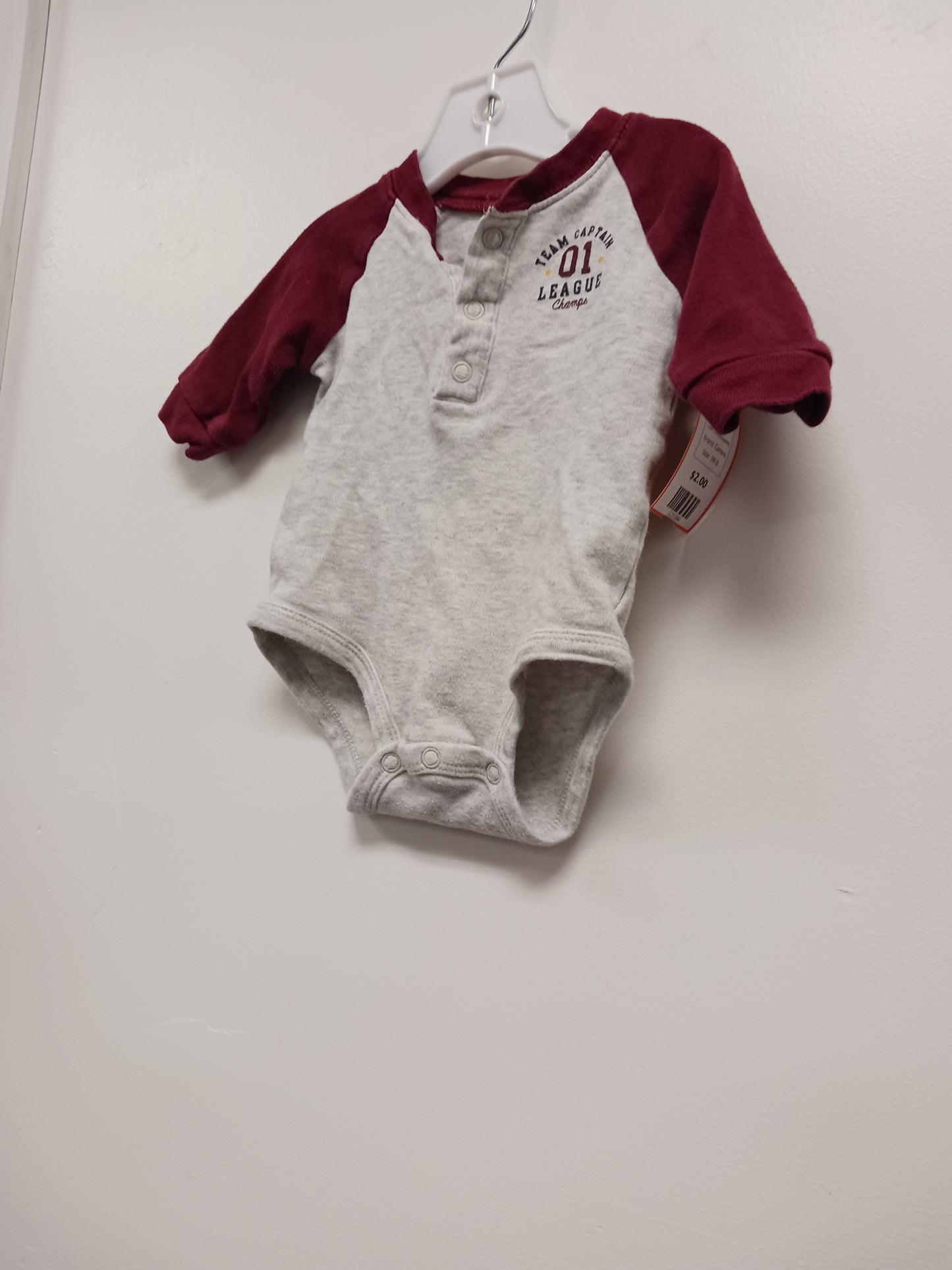 Grey/Burgandy Carters Longsleeve Onesie, 3M B
