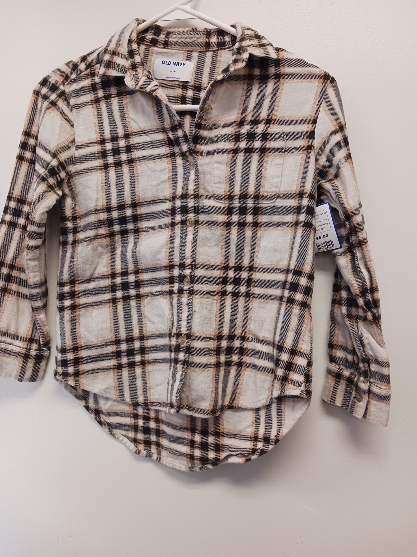 Tan/Grey Plaid Old Navy Longsleeve Button Up, 8 G