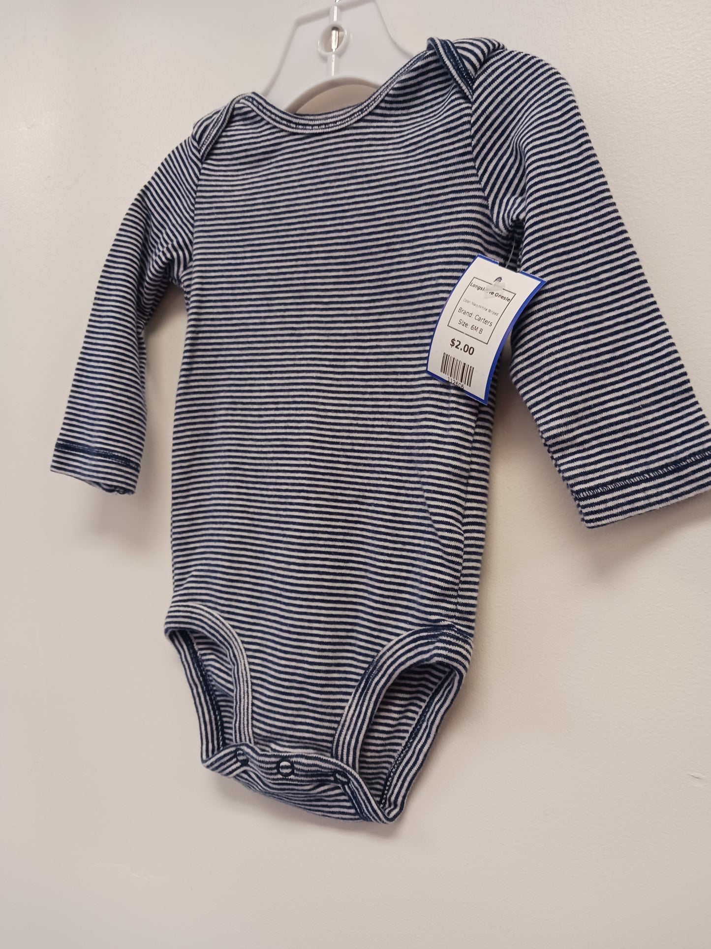 Navy/White Striped Carters Longsleeve Onesie, 6M B