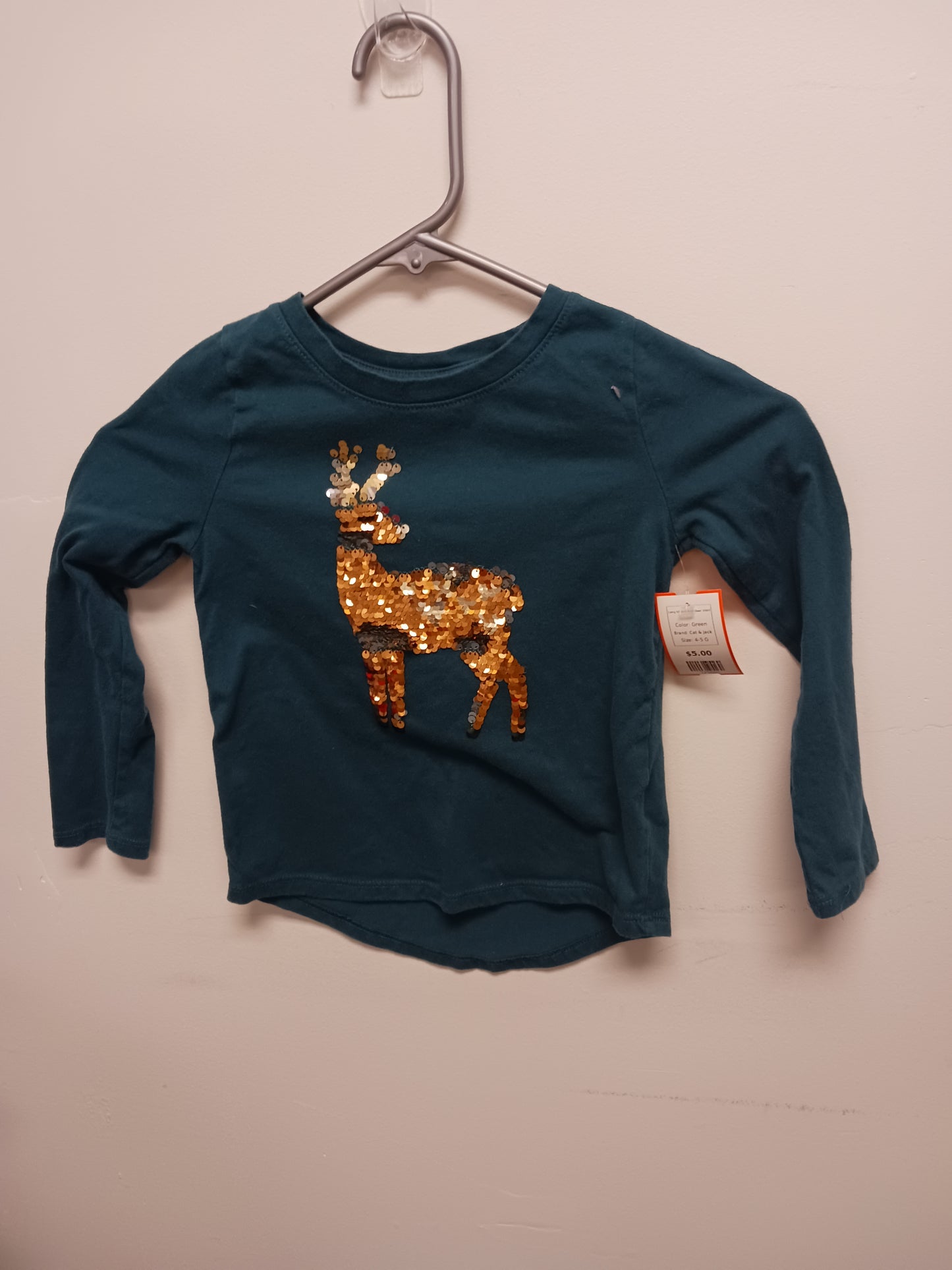 Green Cat & Jack Long Sleeve Reindeer Shirt, 4-5 G