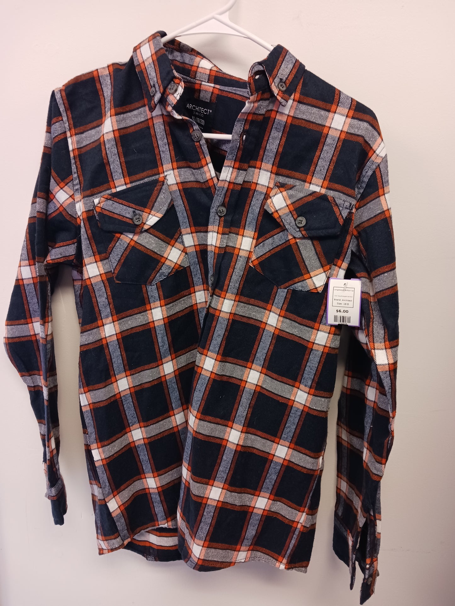 Navy/Orange/White Plaid Architect Longsleeve Button Up, 18 B