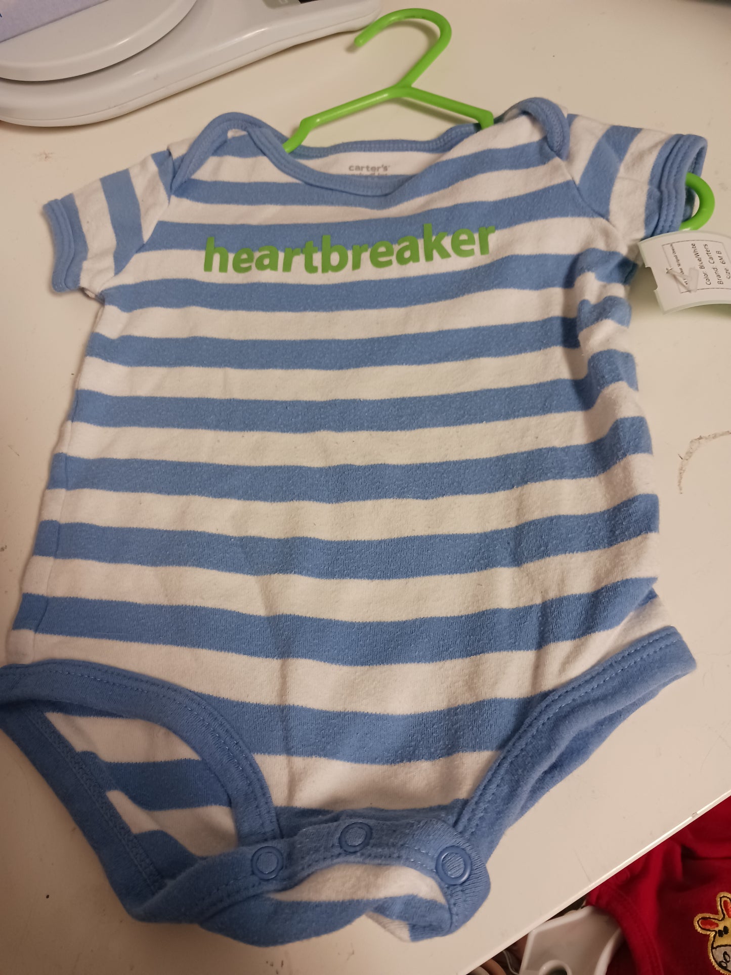Blue/White Carters Heart Breaker Striped Onesie, 6M B