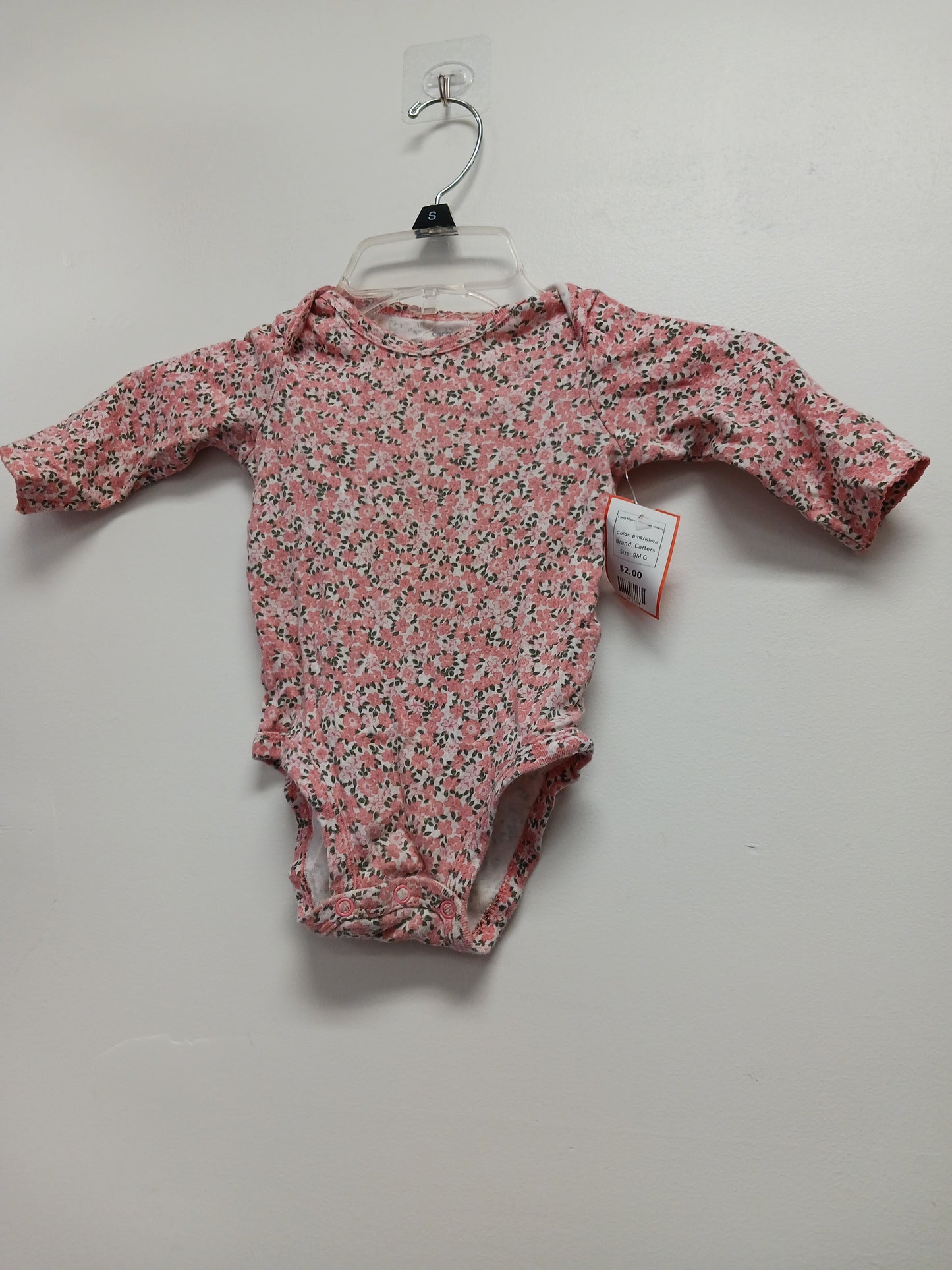 pink/white Carters Long Sleeve Flowered Onesie, 9M G