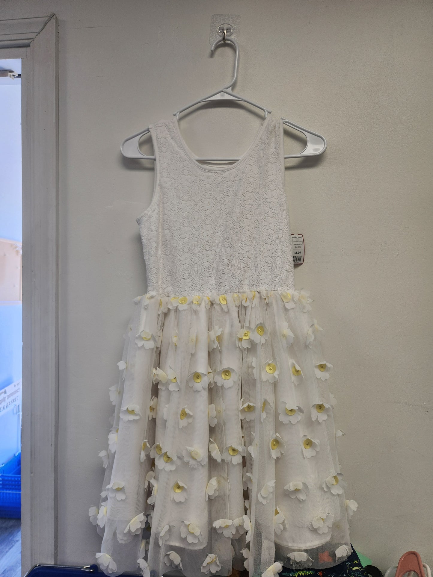 White/Yellow Flowers Childrens Place Holiday Dress, 14 G