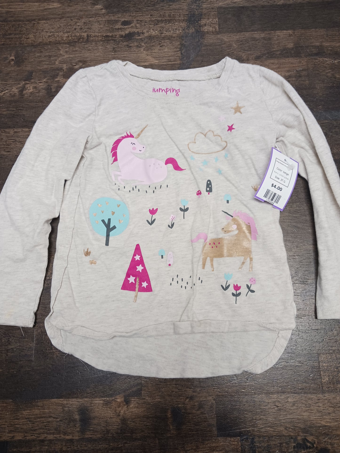 beige Jumping Bean Long Sleeve Unicorn Shirt, 3T G