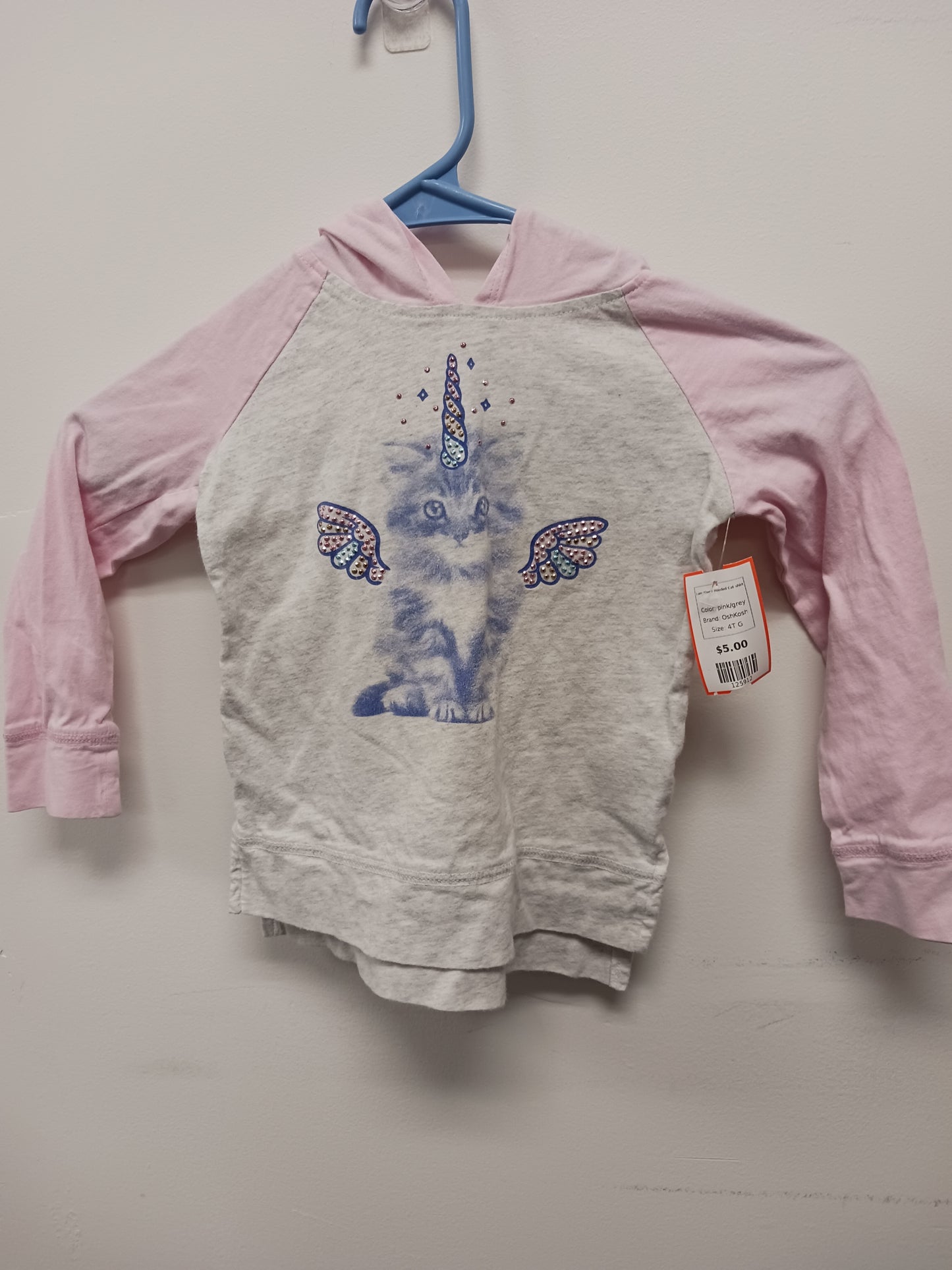 pink/grey OshKosh Long Sleeve Hooded Cat shirt, 4T G