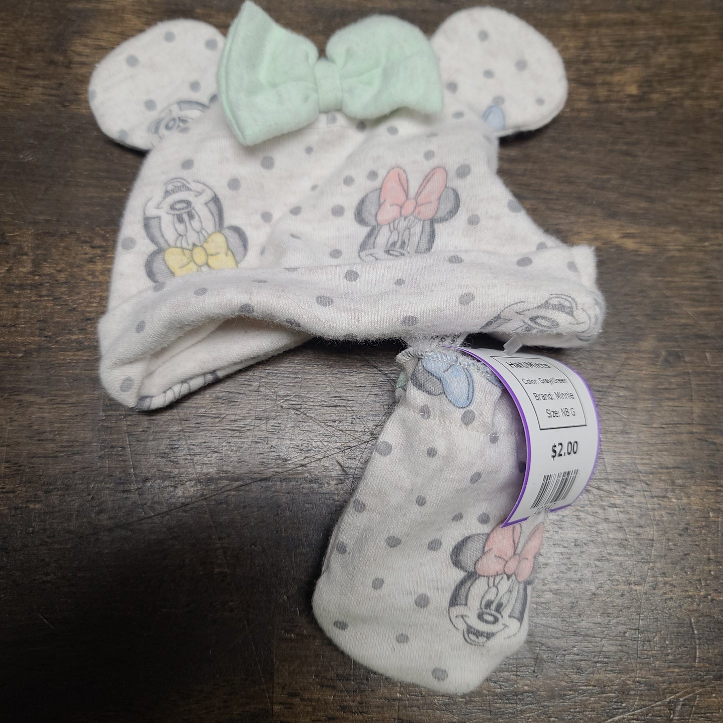 Grey/Green Minnie Hat/Mitts, NB G