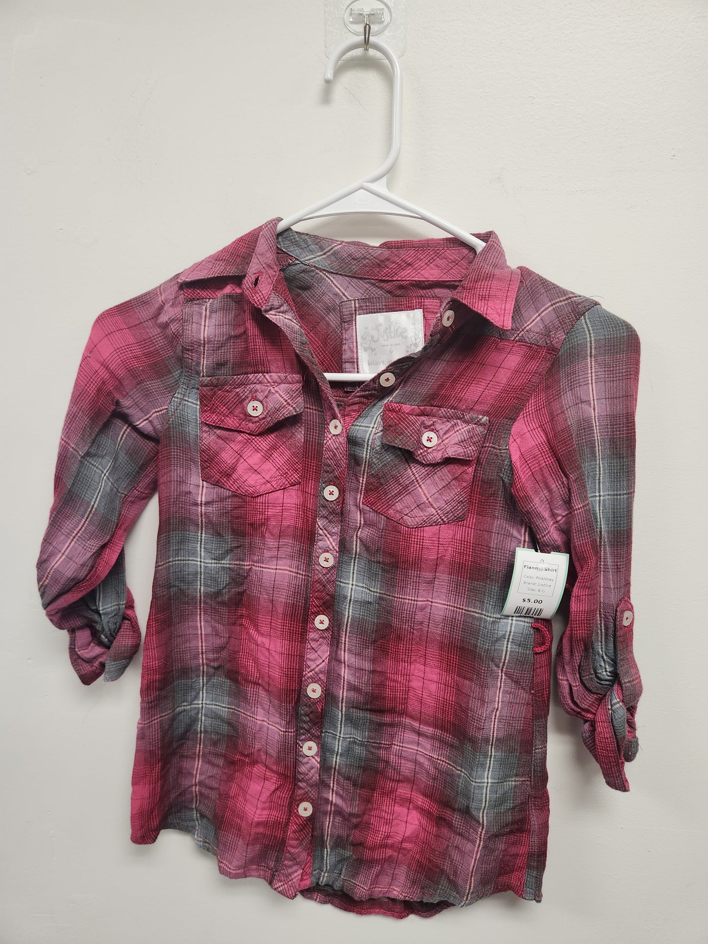 Pink/Grey Justice Flannel Shirt, 6 G