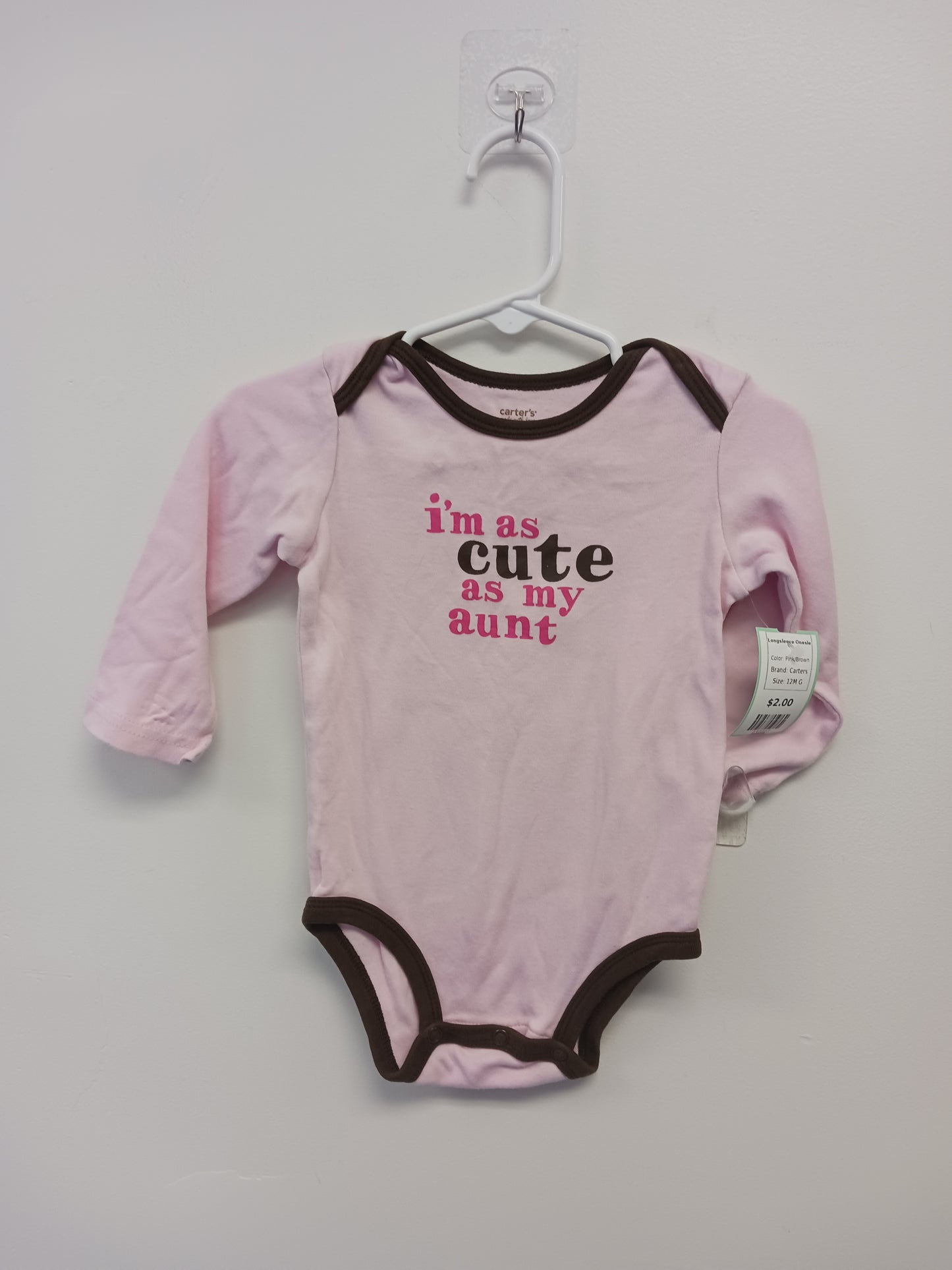 Pink/Brown Carters Longsleeve Onesie, 12M G