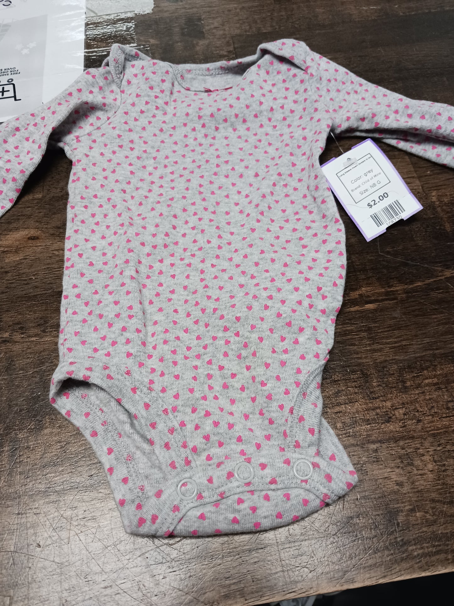 grey Child of Mine Long Sleeve Heart Onesie 0-3m, NB G