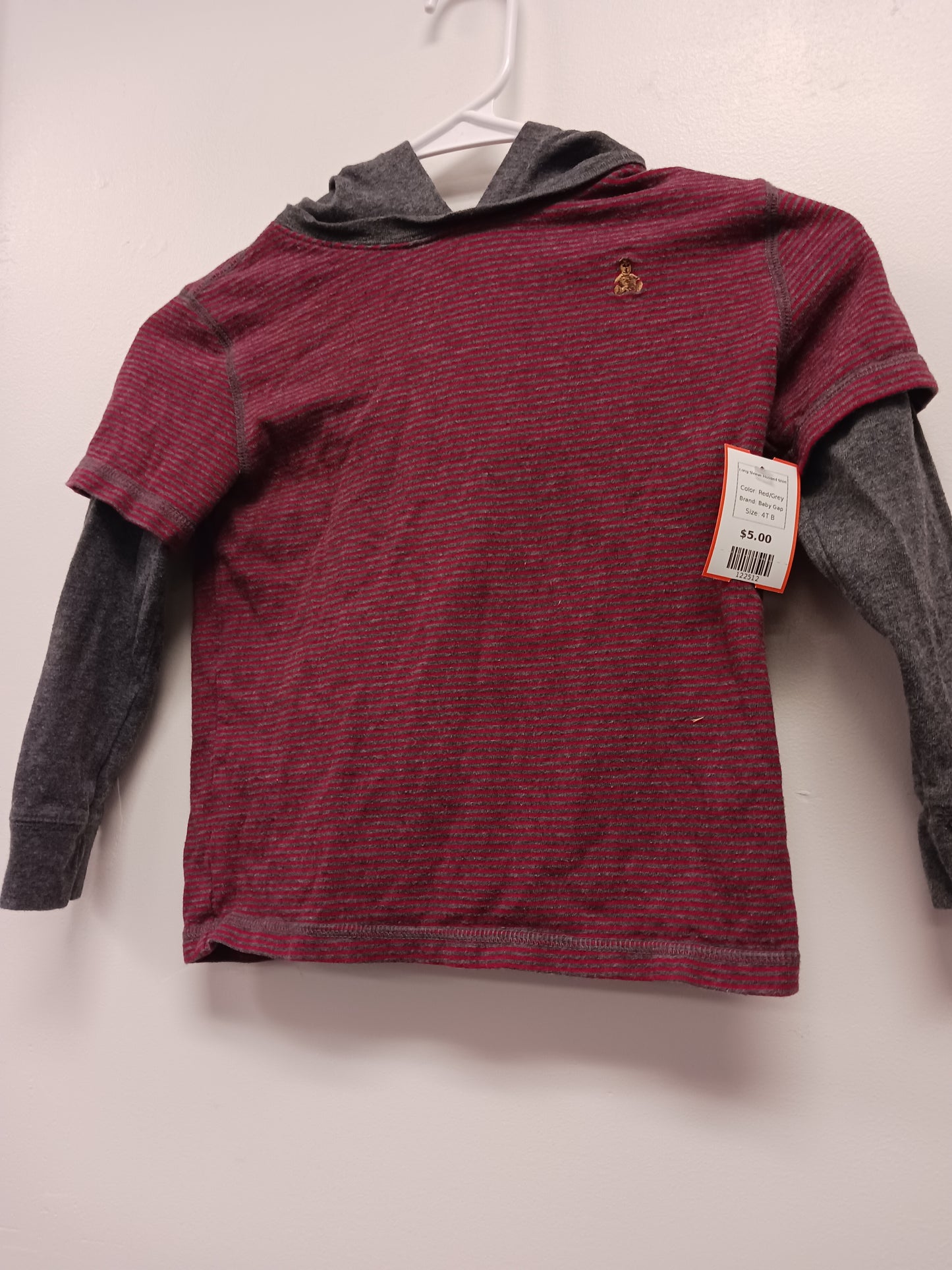Red/Grey Baby Gap Long Sleeve Hooded Shirt, 4T B