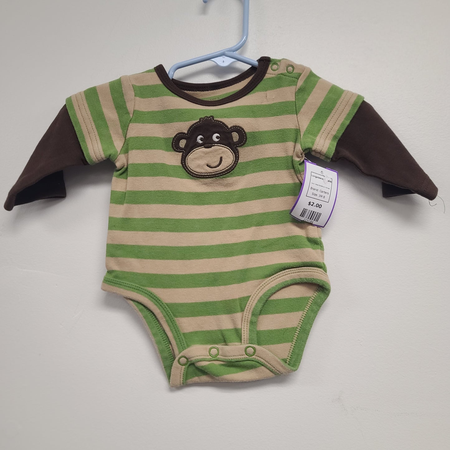 Green/Tan/Brown Monkey Carters Longsleeve Onesie, 3M B