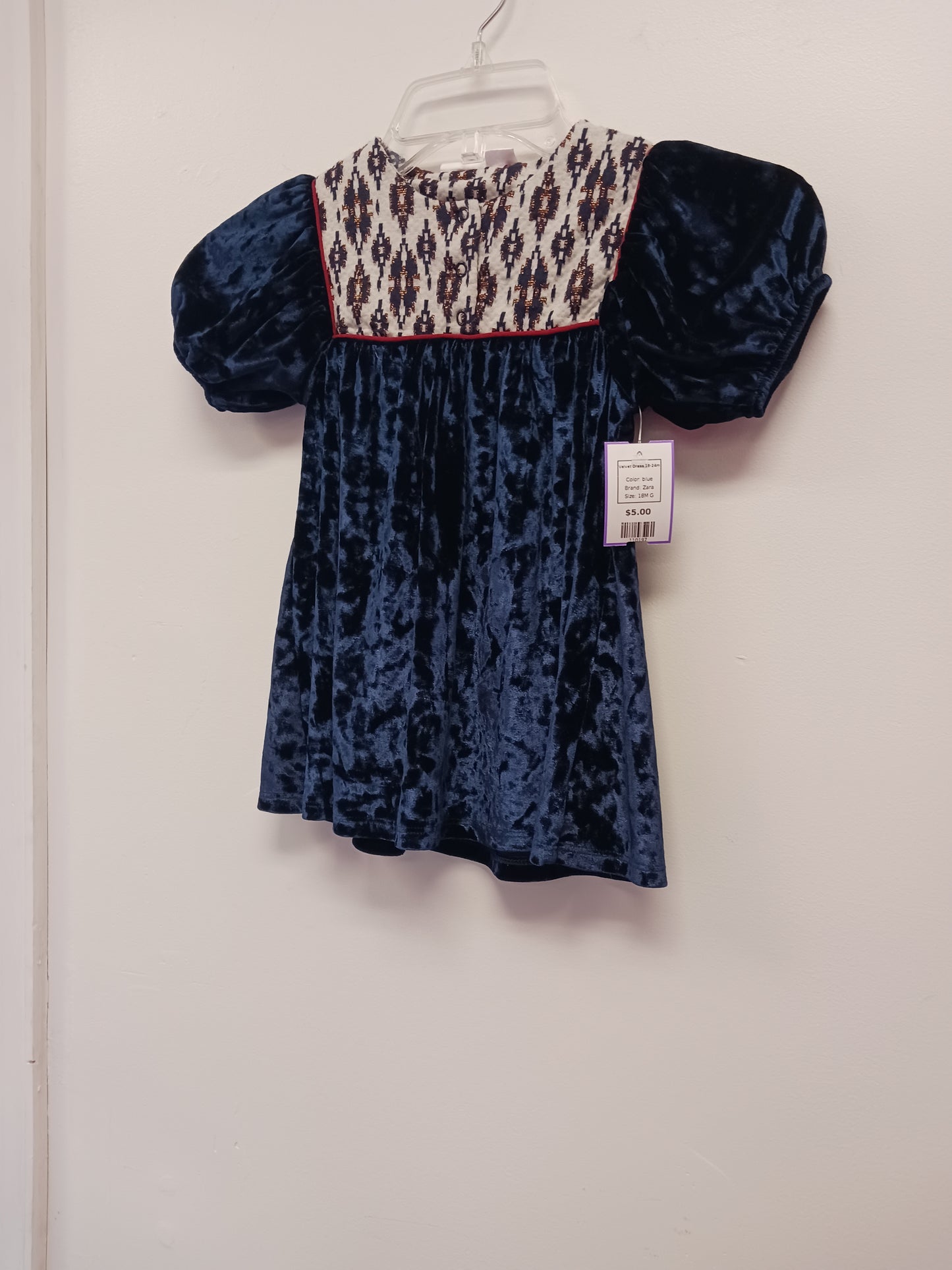 blue Zara Velvet Dress 18-24m, 18M G