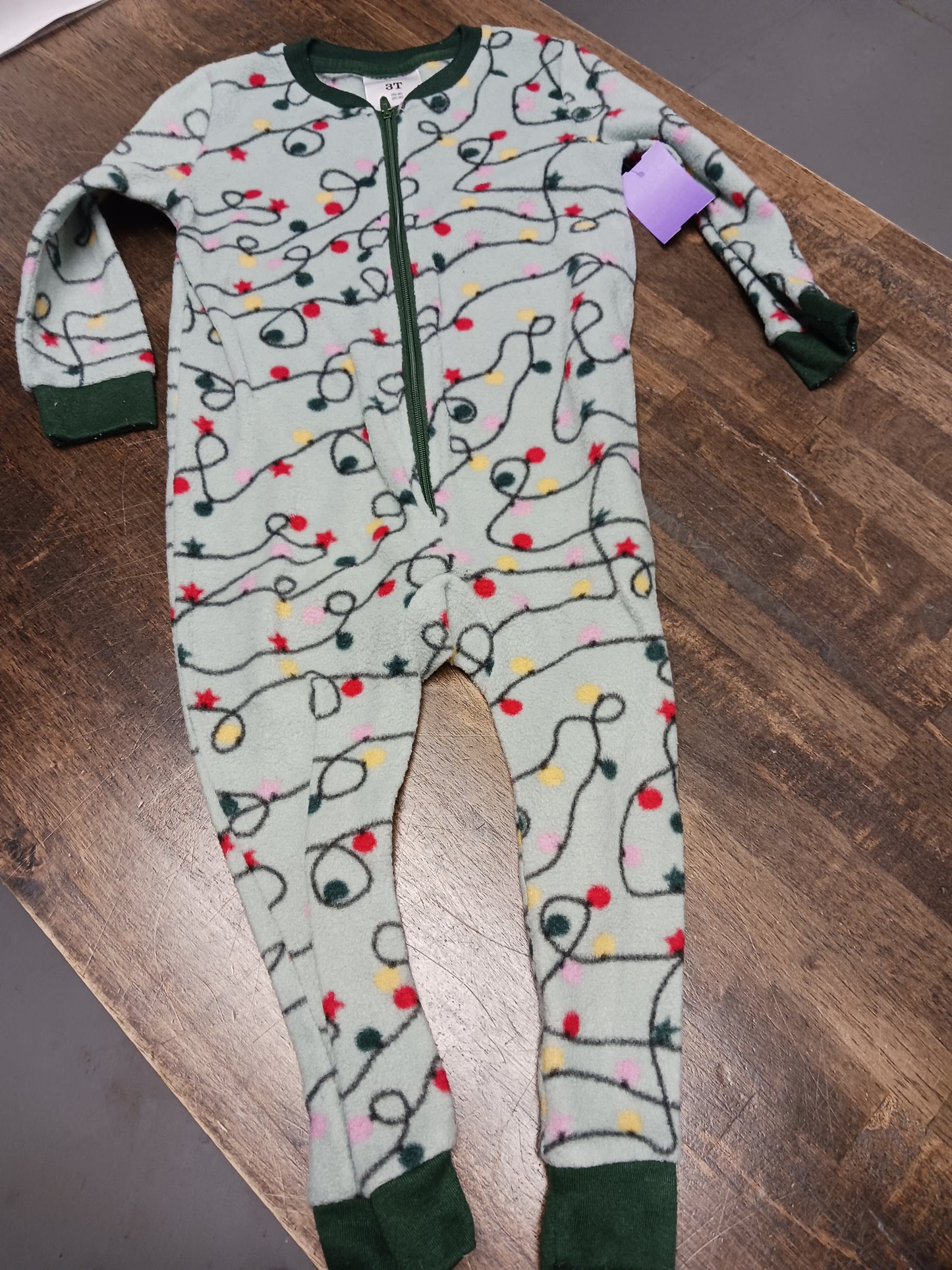 Green Christmas Light One Piece Pjs, 3T B