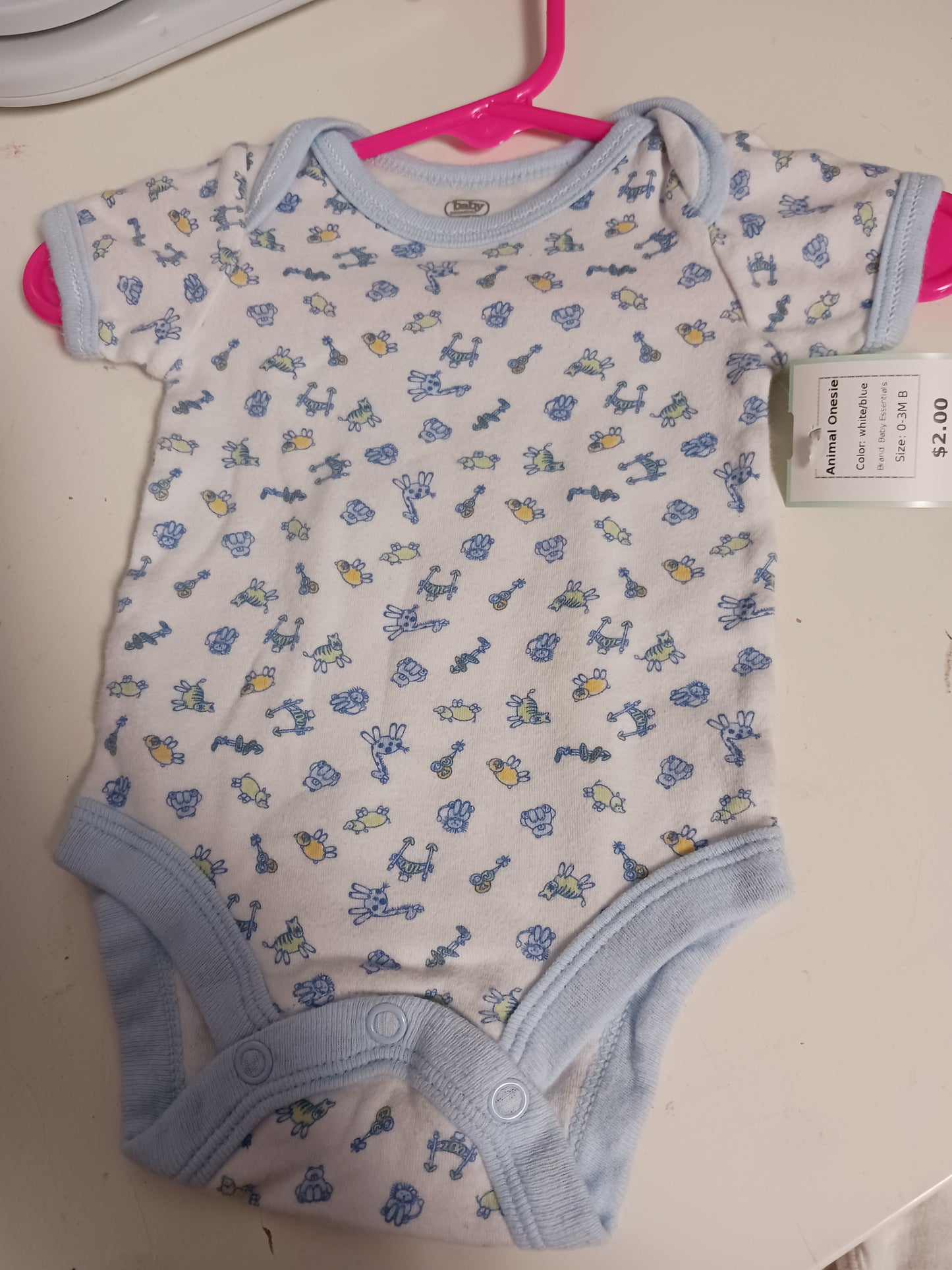 white/blue Baby Essentials Animal Onesie, 0-3M B